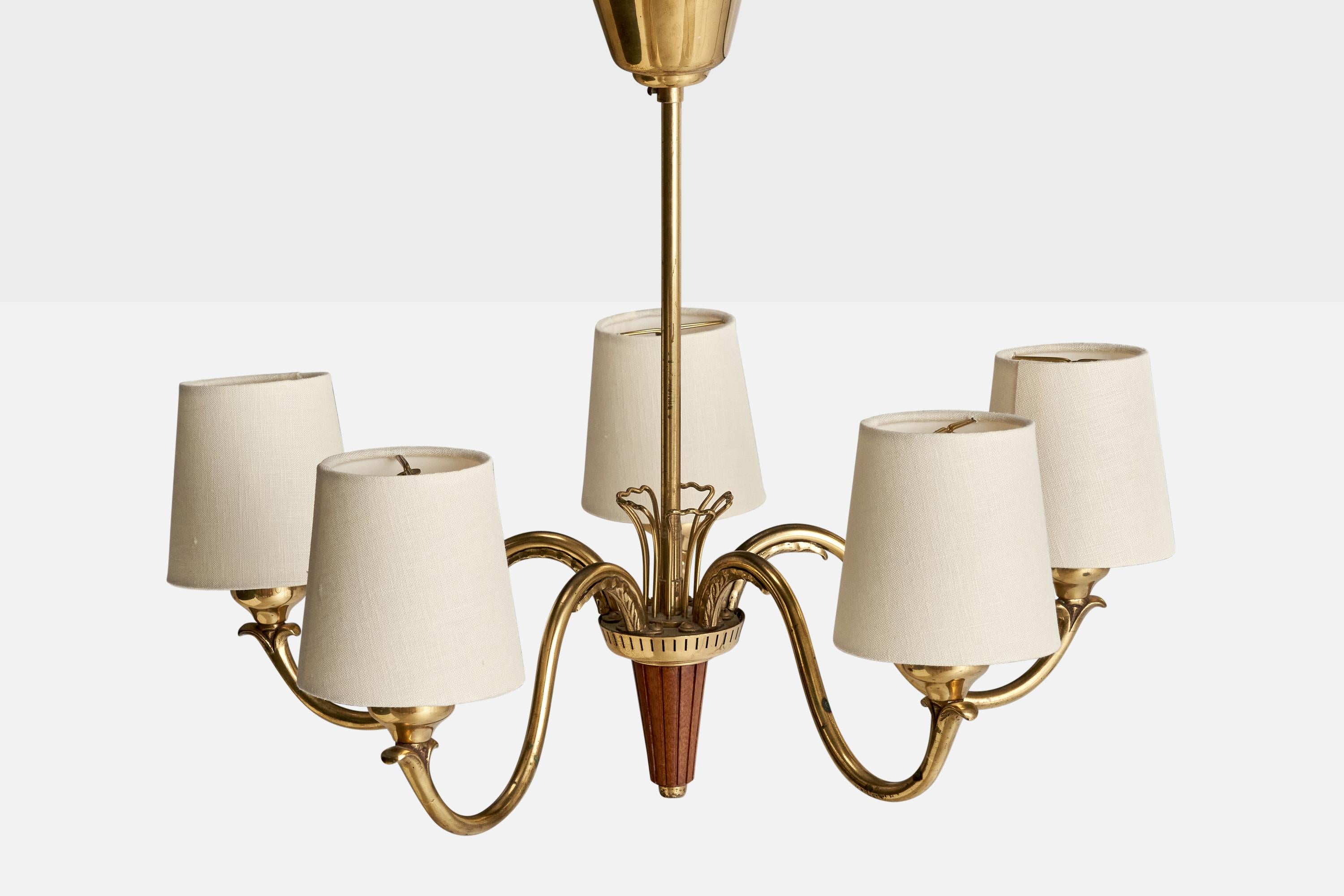 Swedish Bröderna Malmströms Metallvarufabrik, Chandelier, Brass, Wood, Sweden, 1952 For Sale
