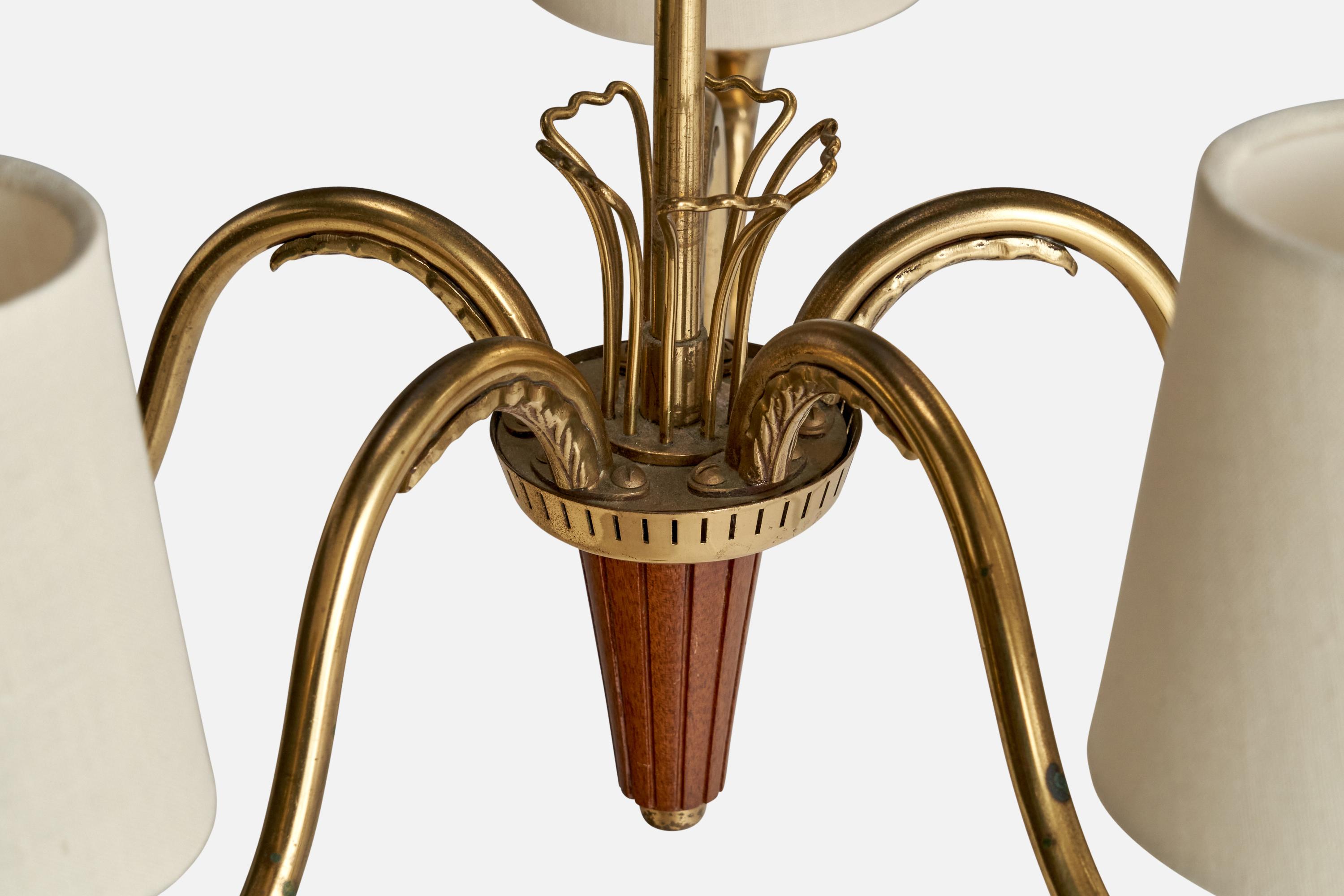 Mid-20th Century Bröderna Malmströms Metallvarufabrik, Chandelier, Brass, Wood, Sweden, 1952 For Sale