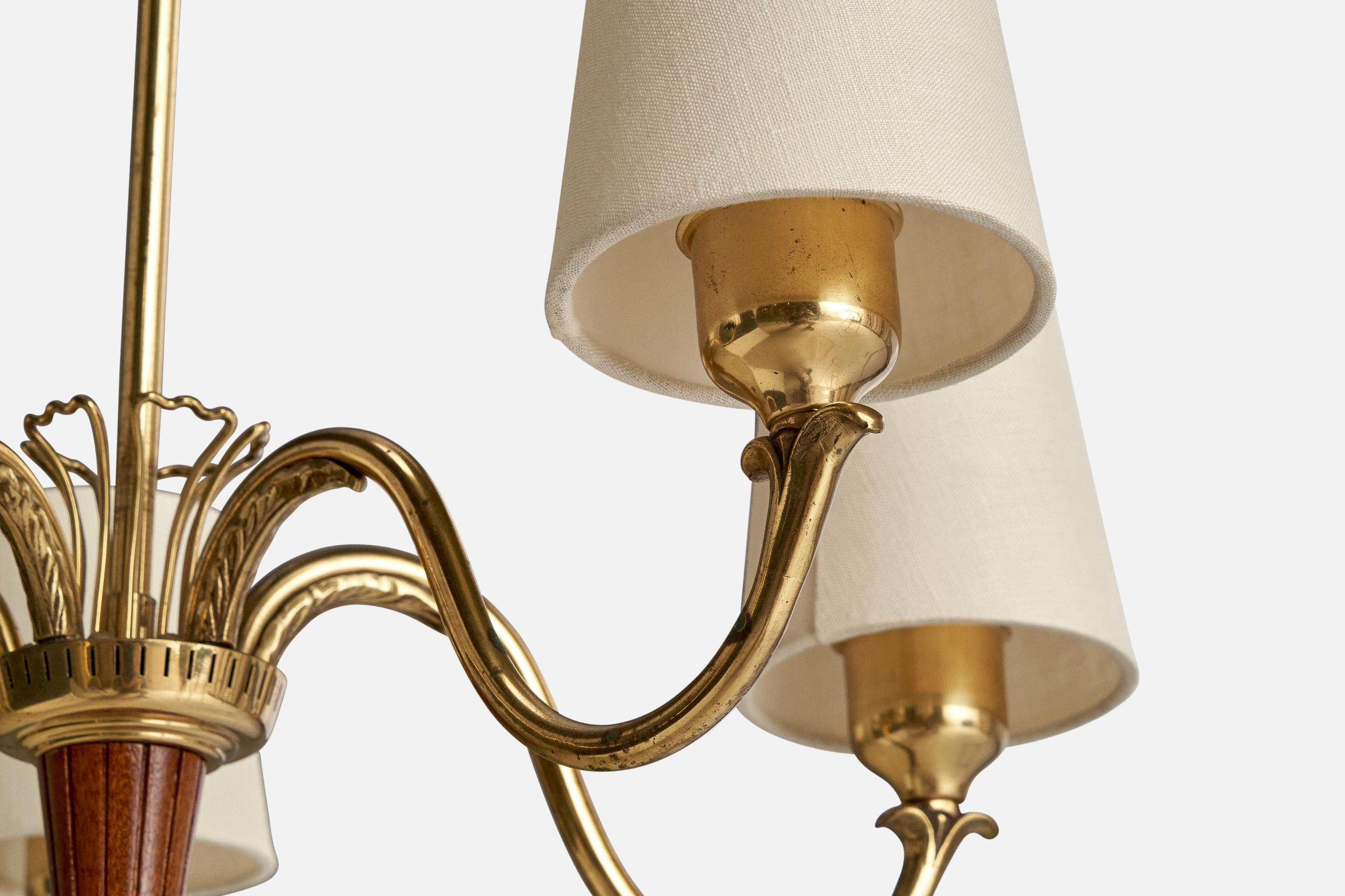 Bröderna Malmströms Metallvarufabrik, Chandelier, Brass, Wood, Sweden, 1952 For Sale 2