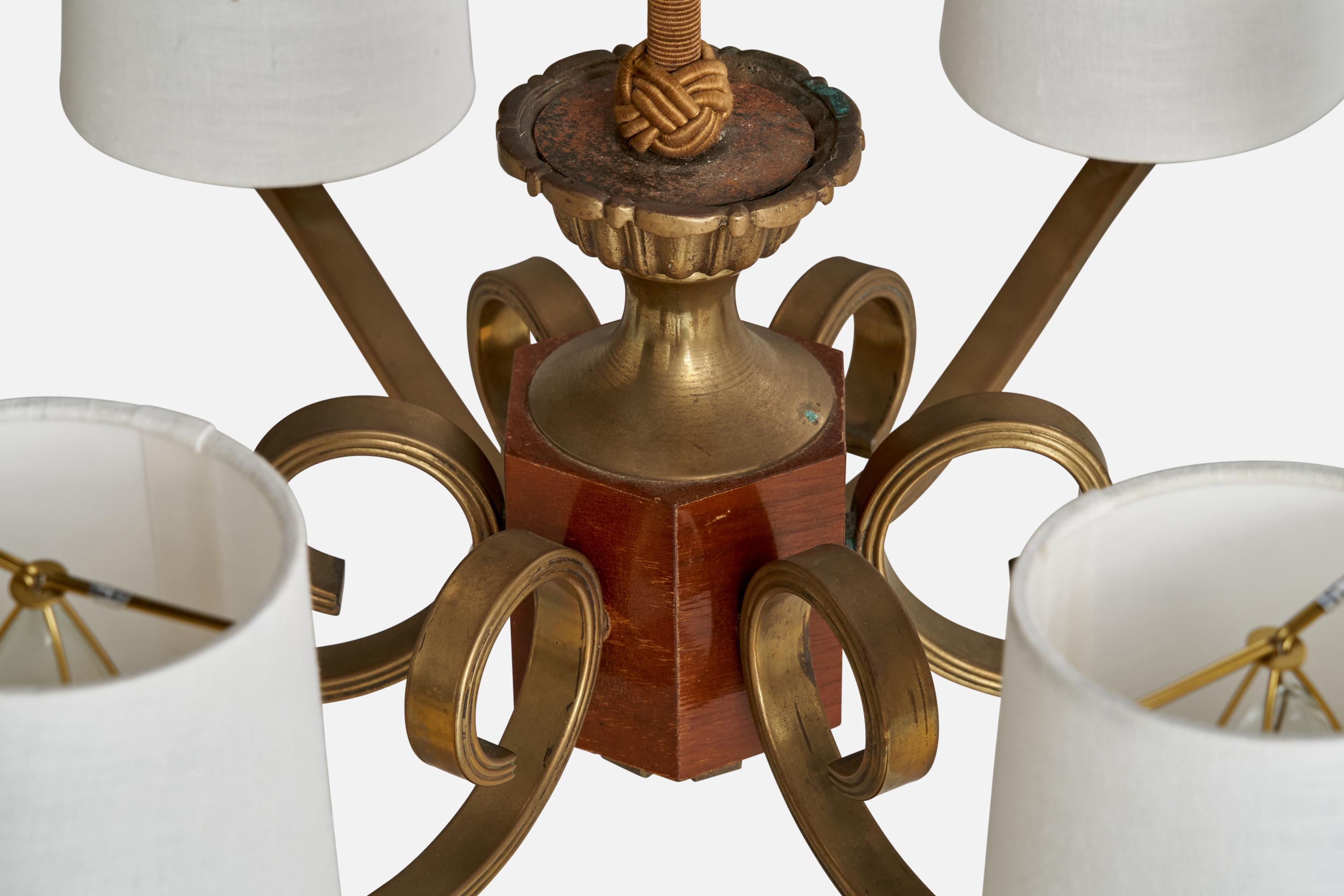 Designer suédois, lustre, laiton, bois, tissu, Suède, années 1930 en vente 1