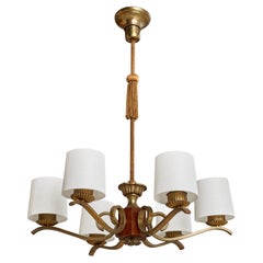 Swedish Designer, Chandelier, Brass, Wood, Fabric, Sweden, 1930s