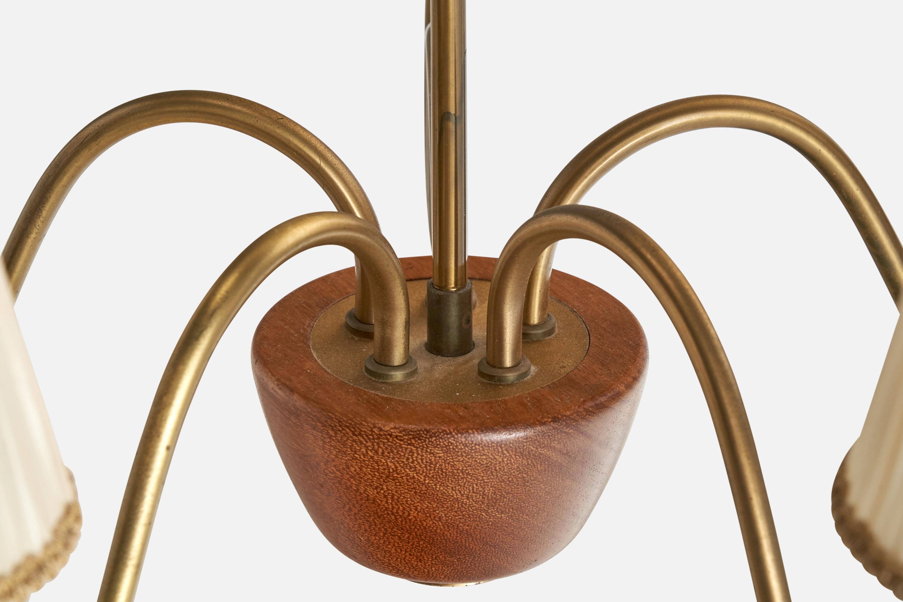 Swedish Designer, Chandelier, Brass, Wood, Fabric, Sweden, 1940s For Sale 5