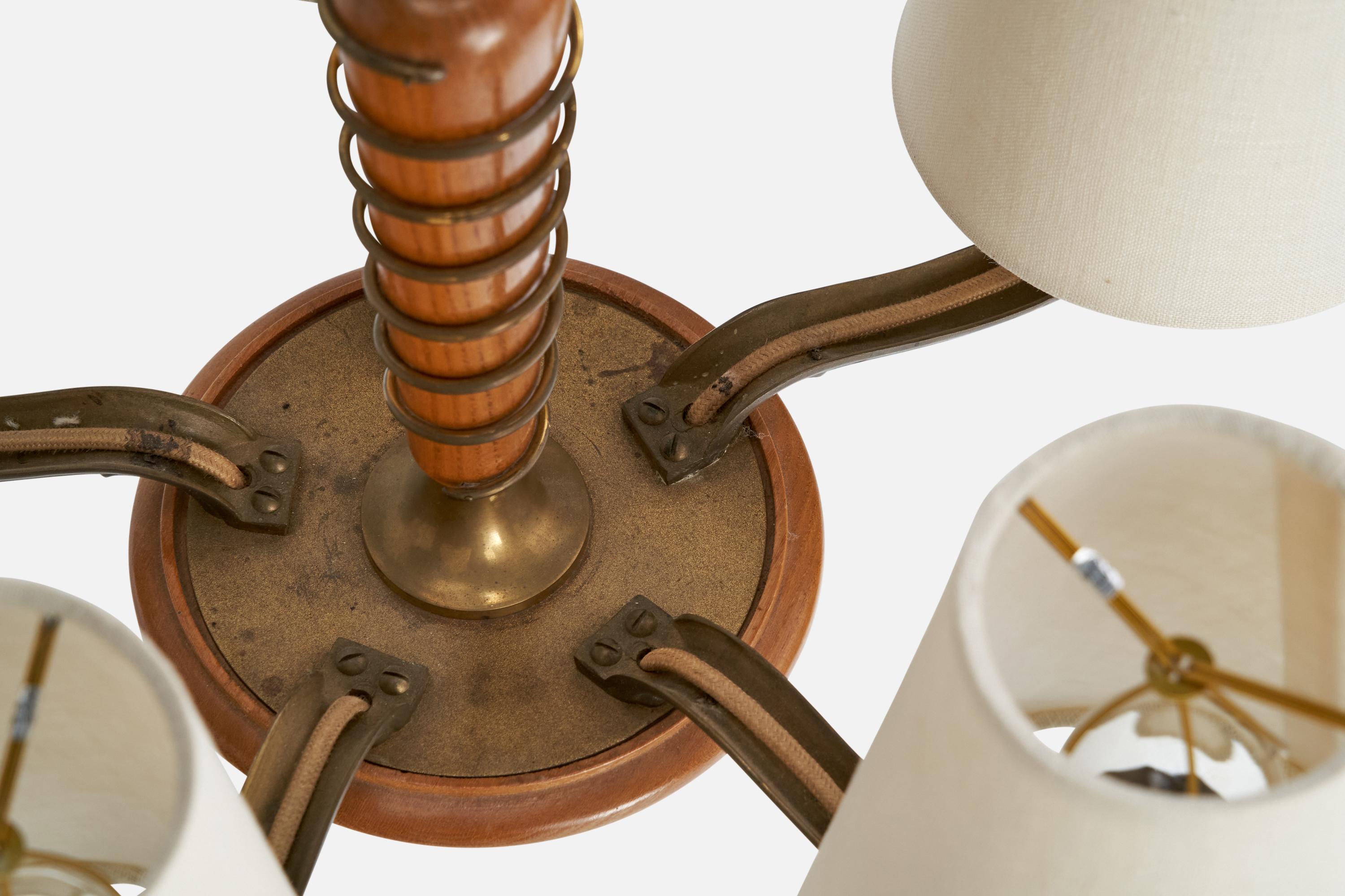 Swedish Designer, Chandelier, Brass, Wood, Fabric, Sweden, 1940s For Sale 5
