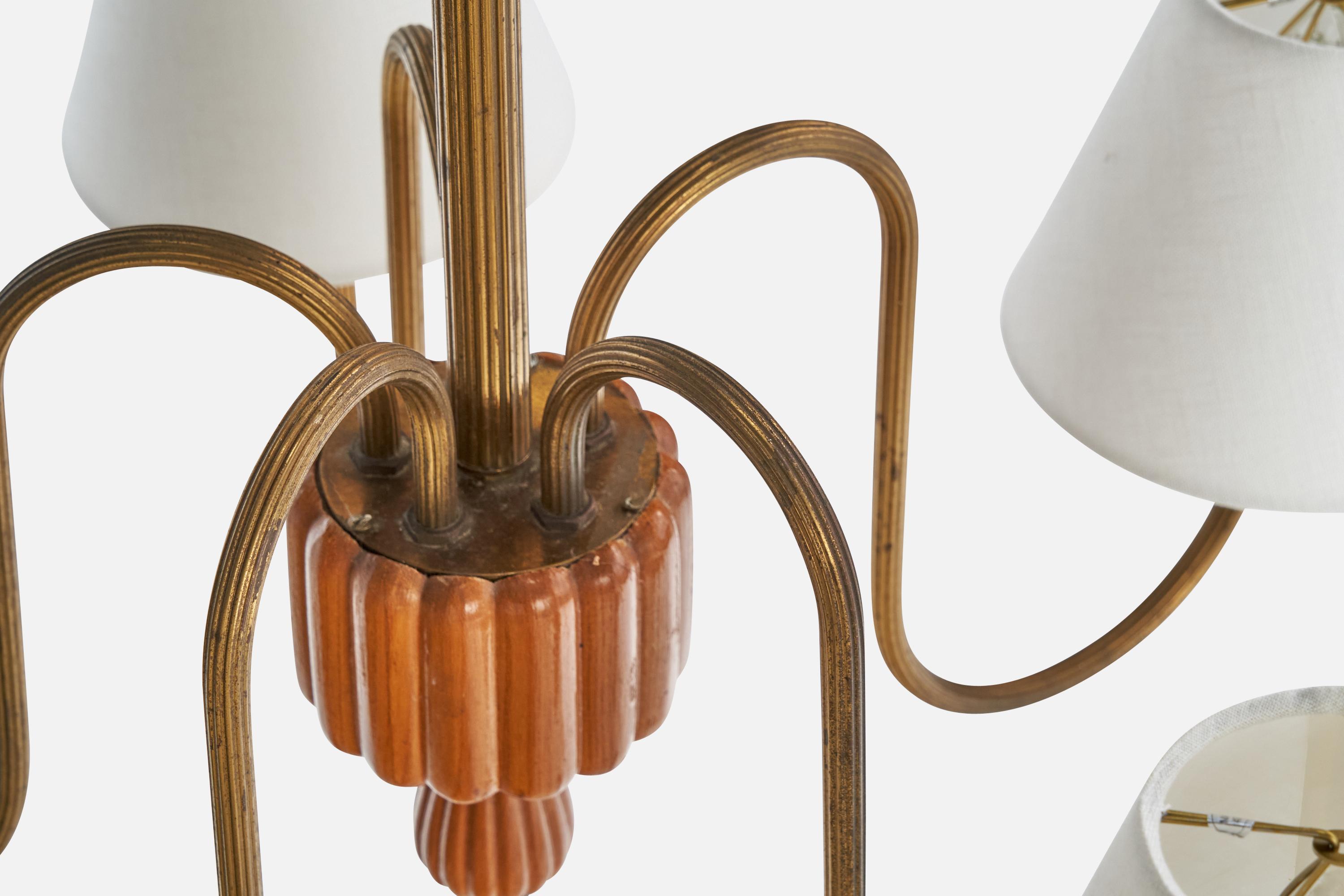 Designer suédois, lustre, laiton, bois, tissu, Suède, années 1940 en vente 5