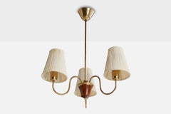 Swedish Designer, Chandelier, Brass, Wood, Fabric, Sweden, 1940s
