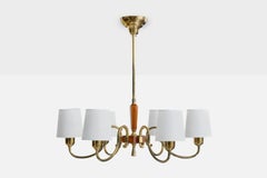 Swedish Designer, Chandelier, Brass, Wood, Fabric, Sweden, 1940s