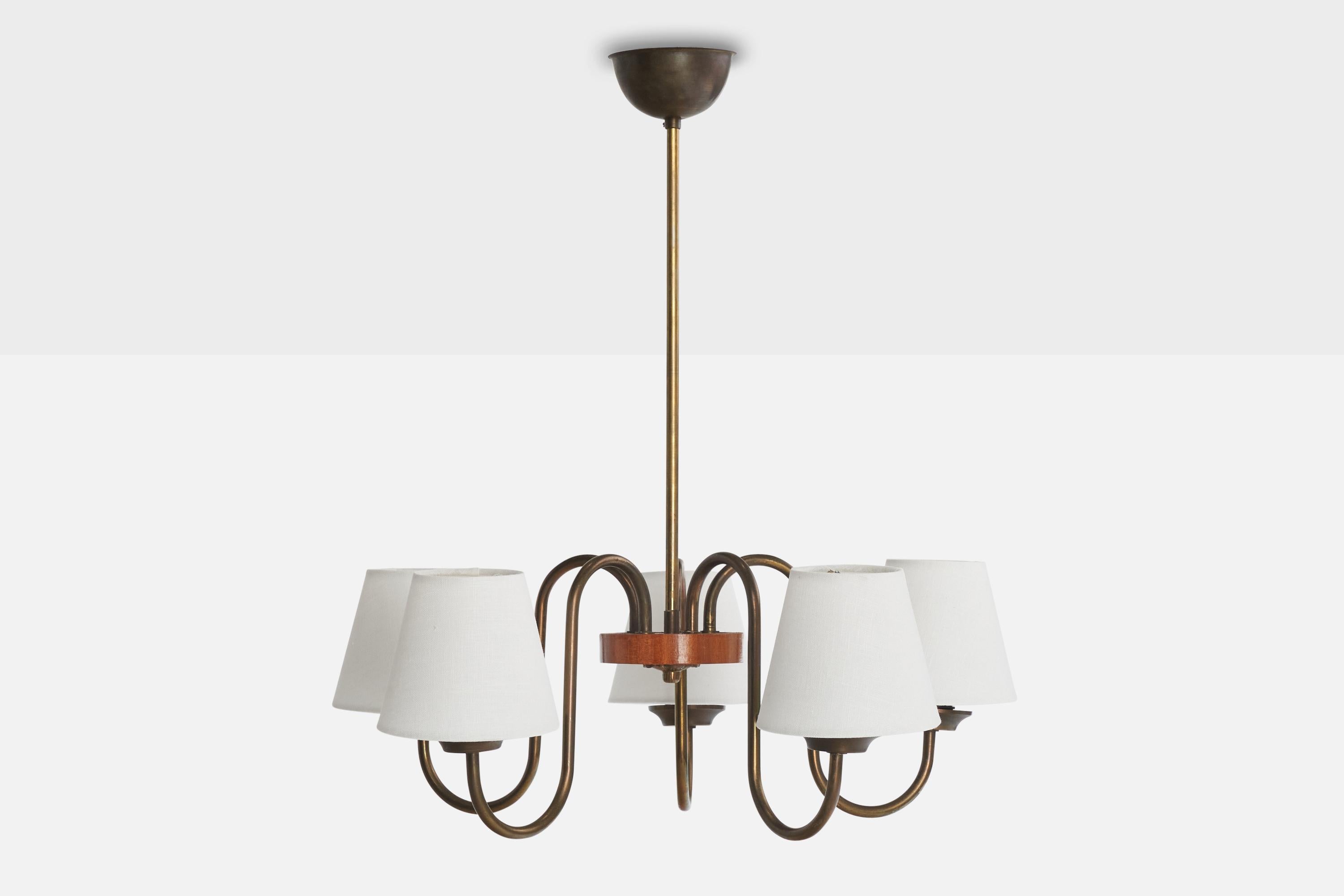 Scandinavian Modern Swedish Designer, Chandelier, Brass, Wood, Fabric, Sweden, 1940s For Sale