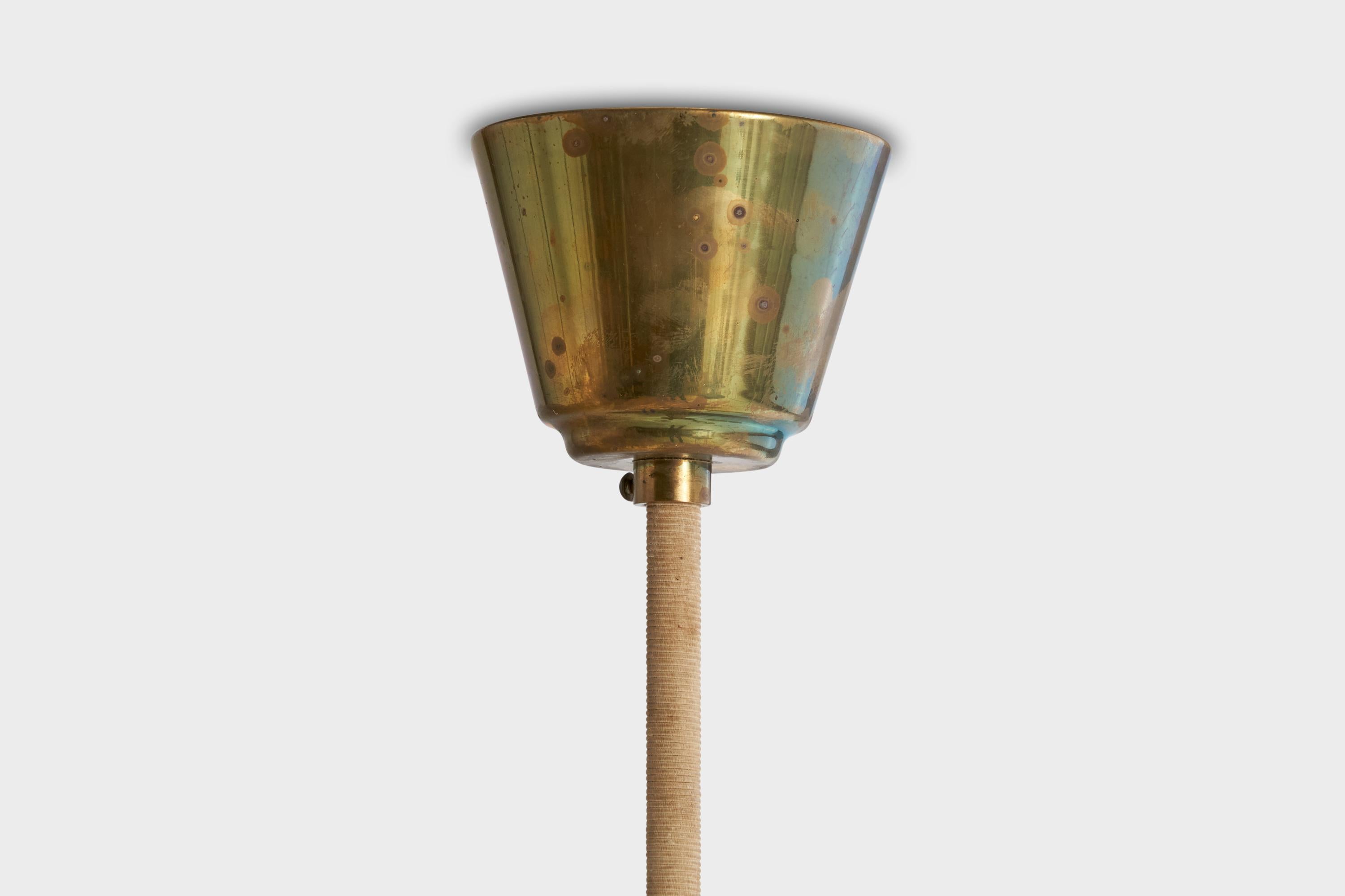Scandinavian Modern Swedish Designer, Chandelier, Brass, Wood, Fabric, Sweden, 1940s For Sale