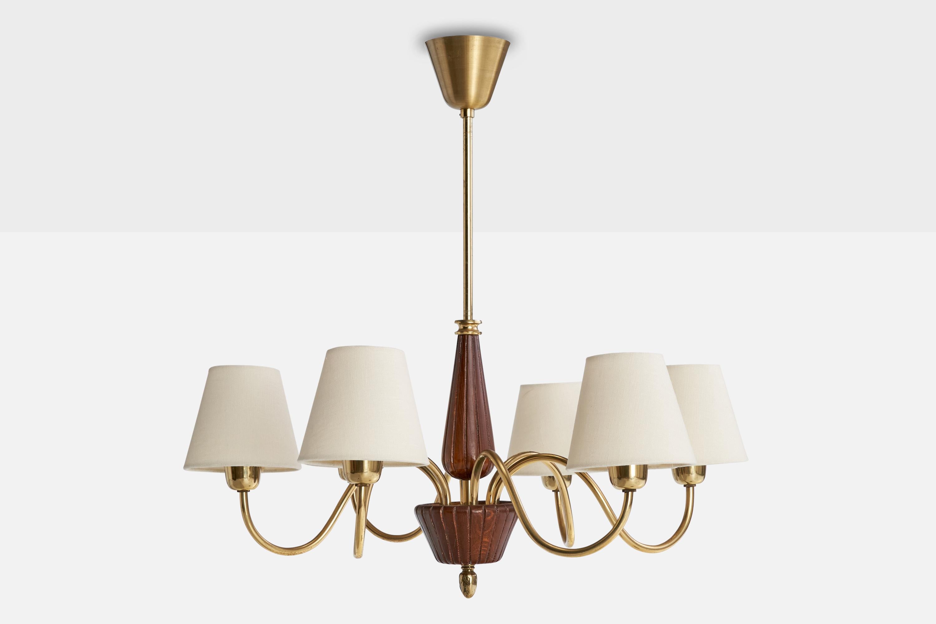 Scandinavian Modern Swedish Designer, Chandelier, Brass, Wood, Fabric, Sweden, 1940s For Sale
