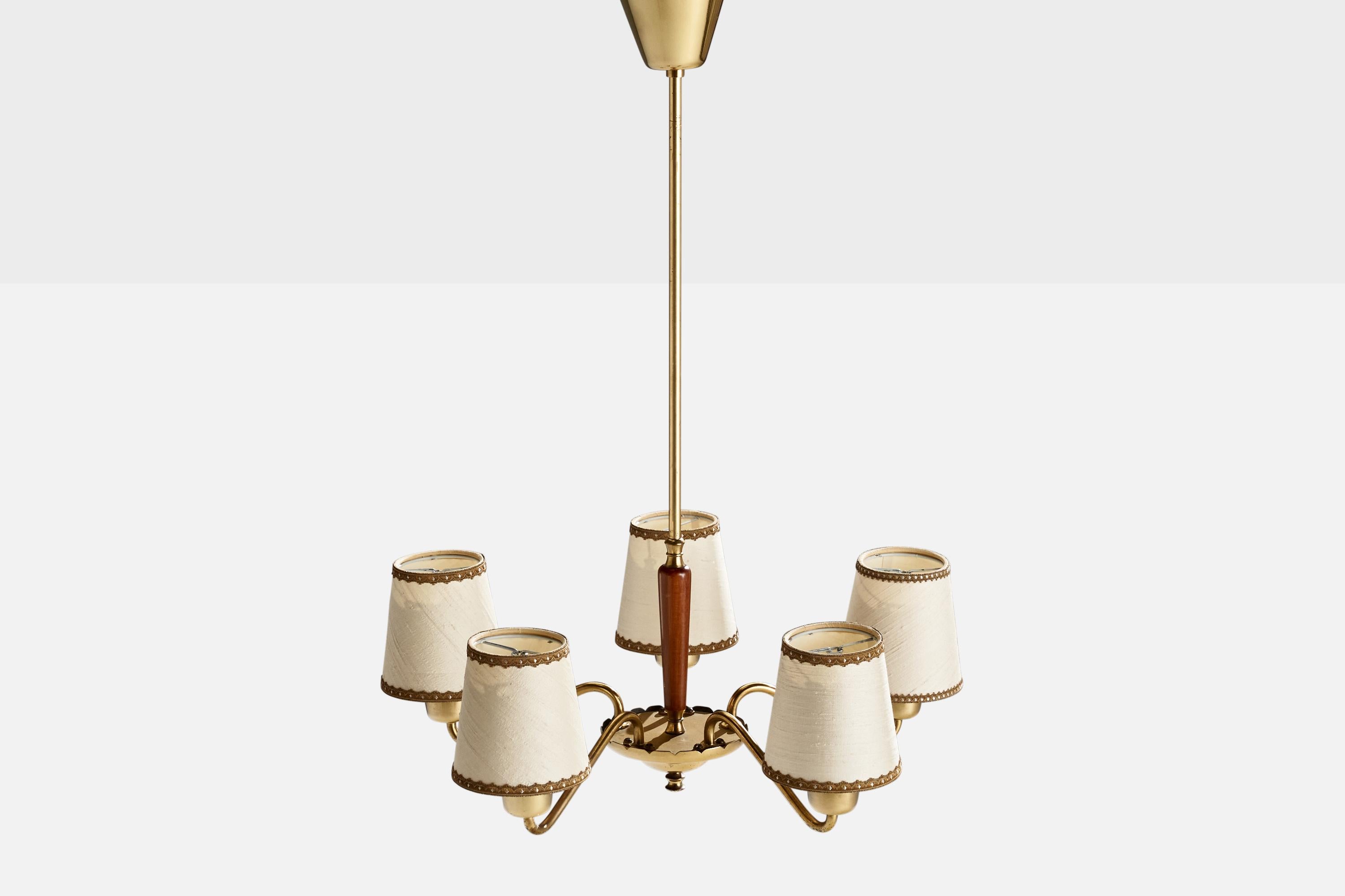 Swedish Designer, Chandelier, Brass, Wood, Fabric, Sweden, 1940s In Good Condition For Sale In High Point, NC