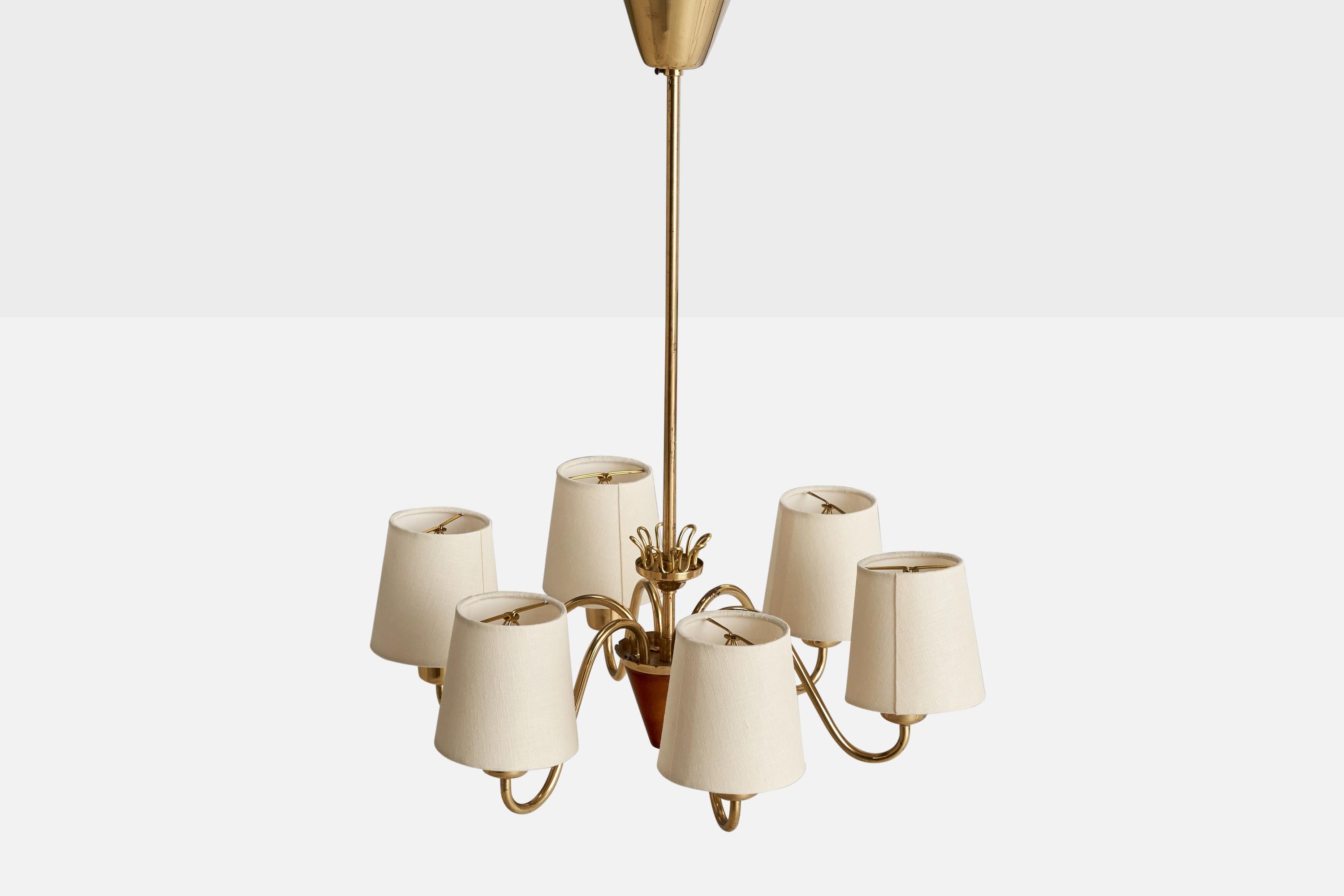 Swedish Designer, Chandelier, Brass, Wood, Fabric, Sweden, 1940s In Good Condition For Sale In High Point, NC