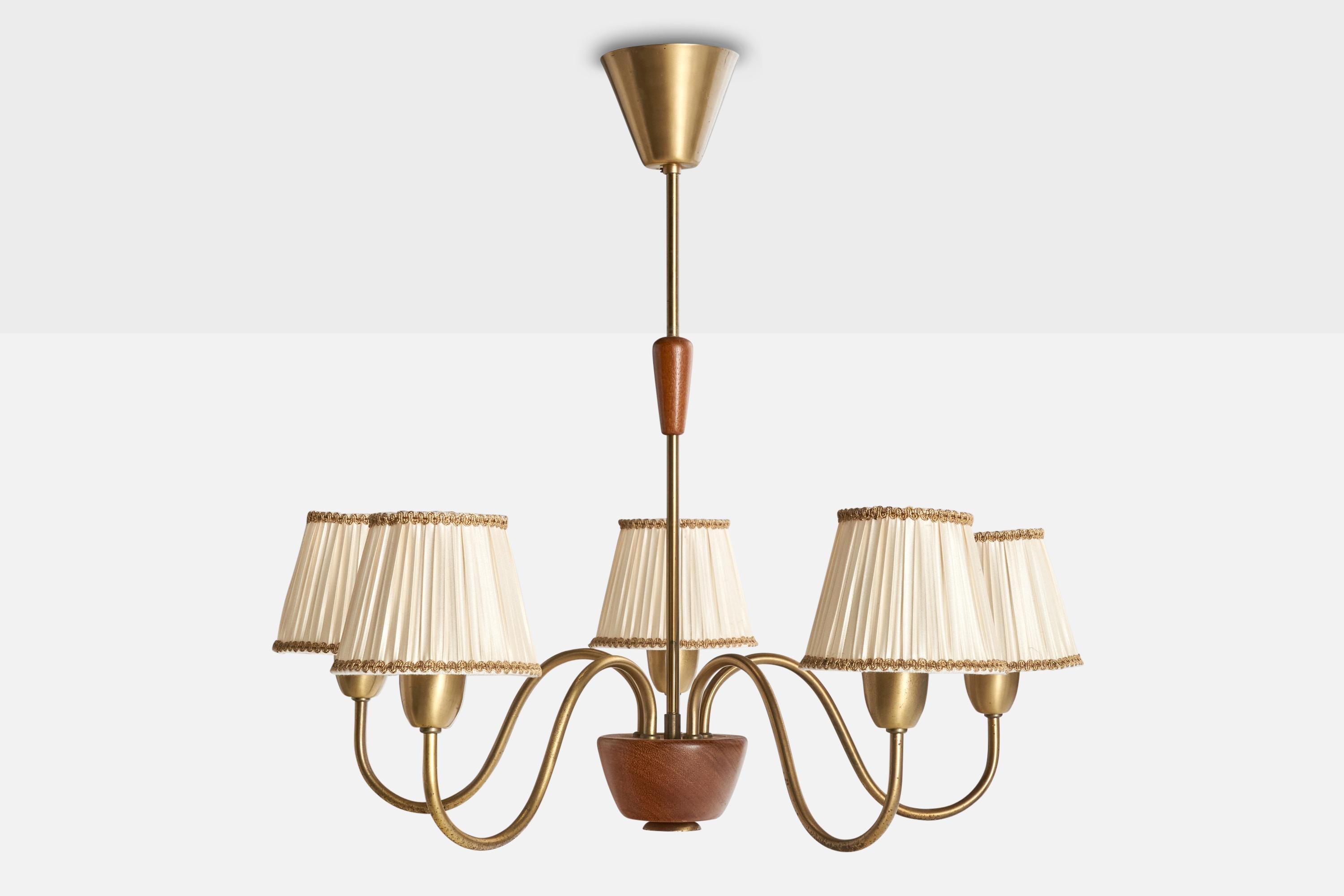 Swedish Designer, Chandelier, Brass, Wood, Fabric, Sweden, 1940s In Good Condition For Sale In High Point, NC