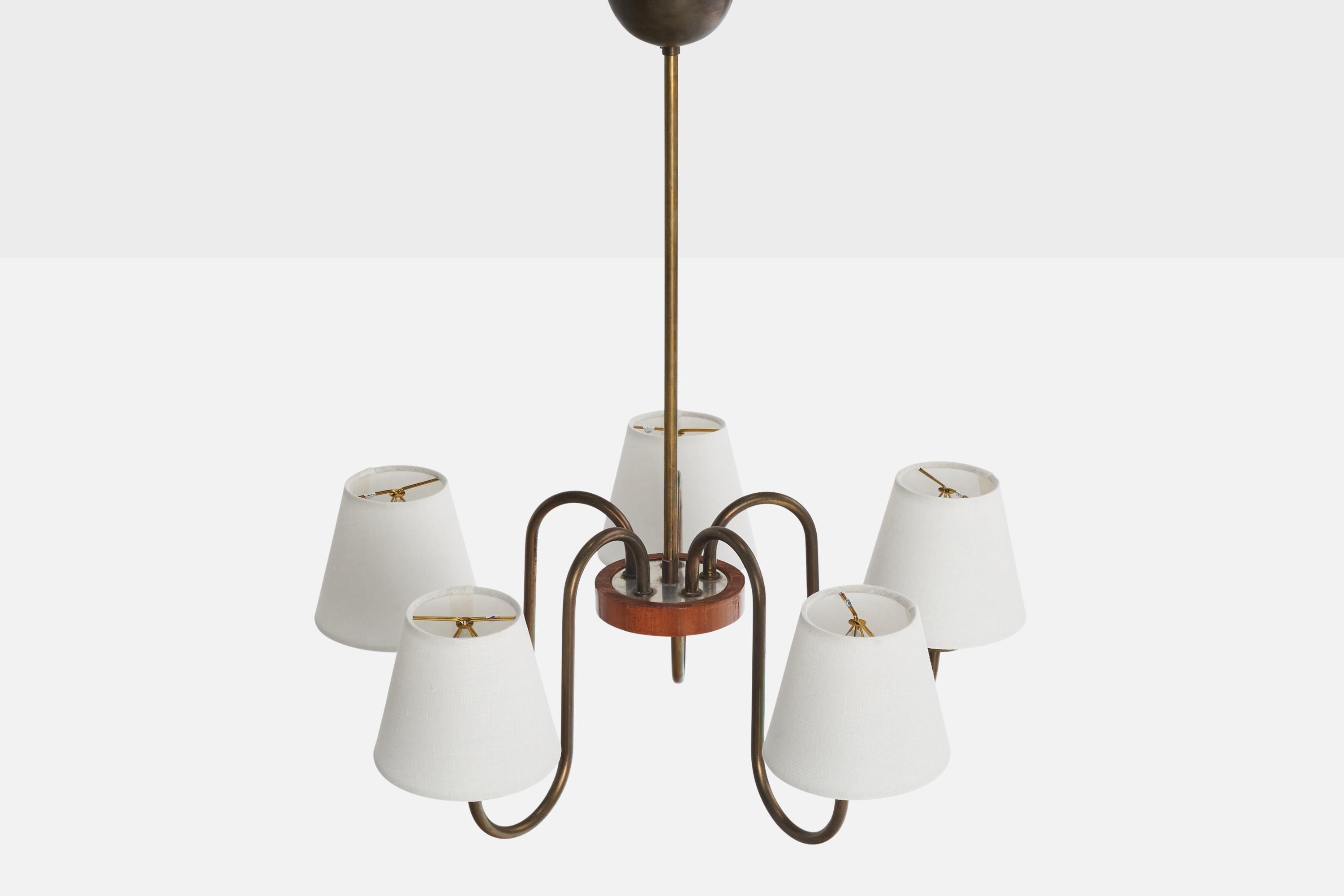 Swedish Designer, Chandelier, Brass, Wood, Fabric, Sweden, 1940s In Good Condition For Sale In High Point, NC