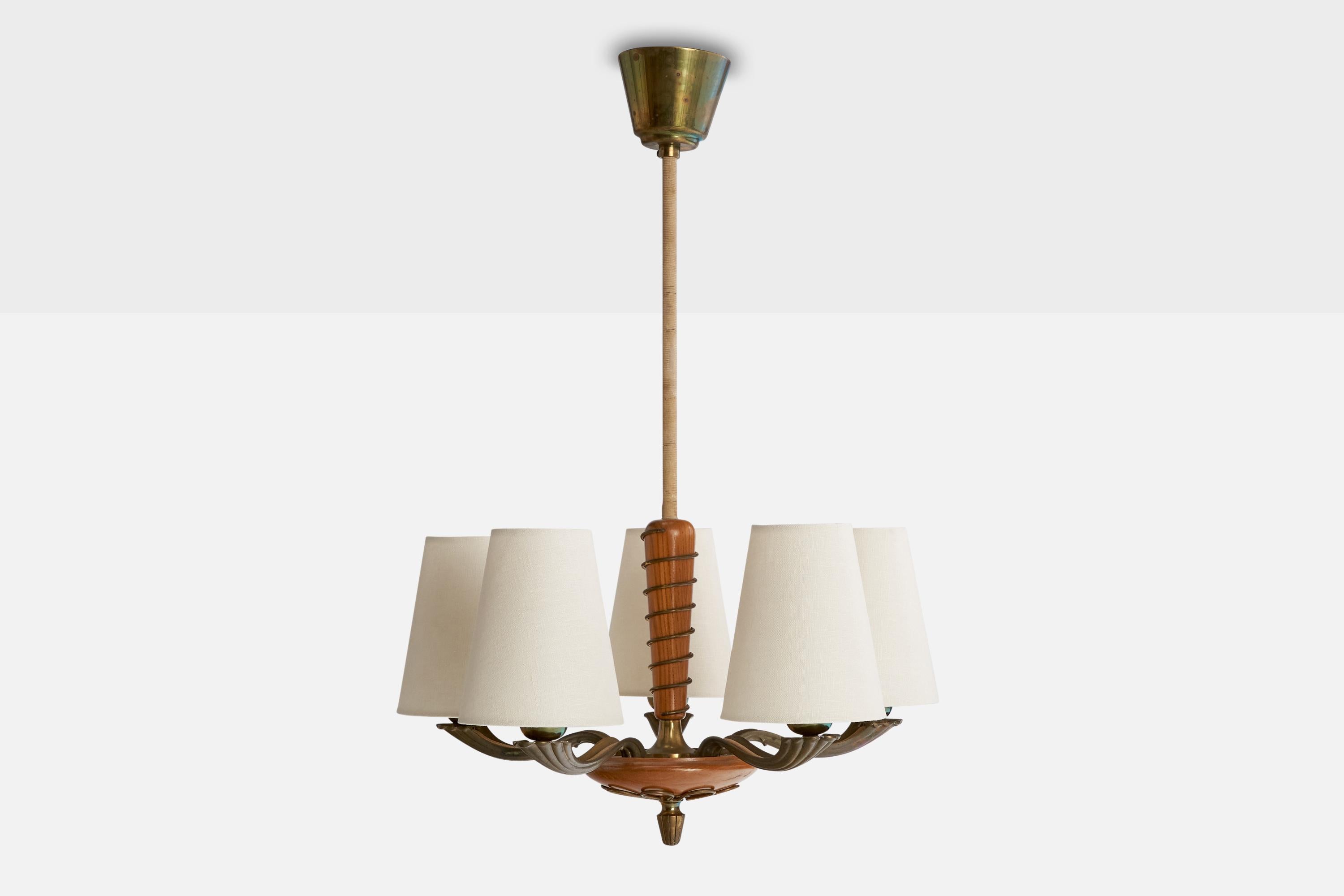 Swedish Designer, Chandelier, Brass, Wood, Fabric, Sweden, 1940s In Good Condition For Sale In High Point, NC