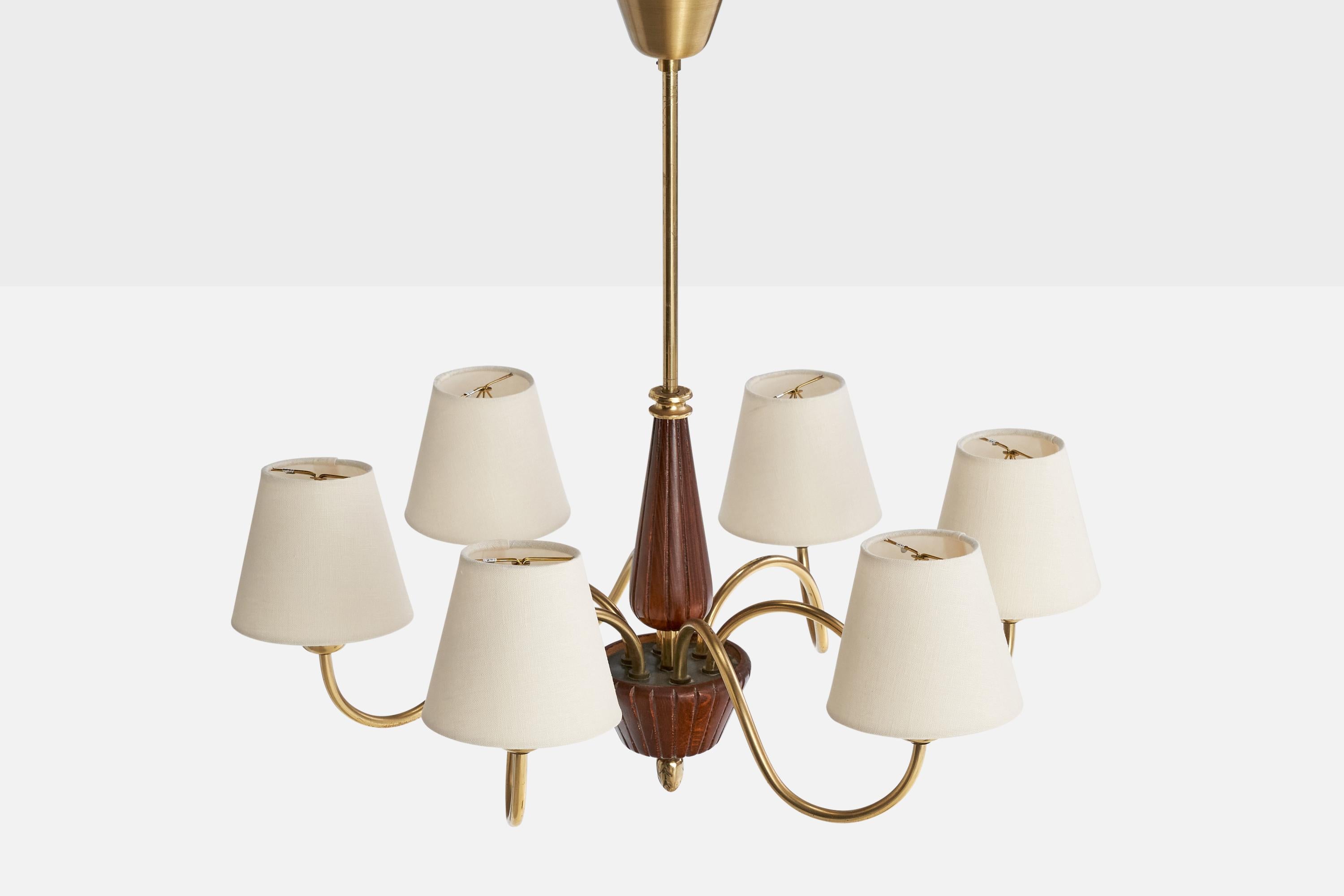 Swedish Designer, Chandelier, Brass, Wood, Fabric, Sweden, 1940s In Good Condition For Sale In High Point, NC