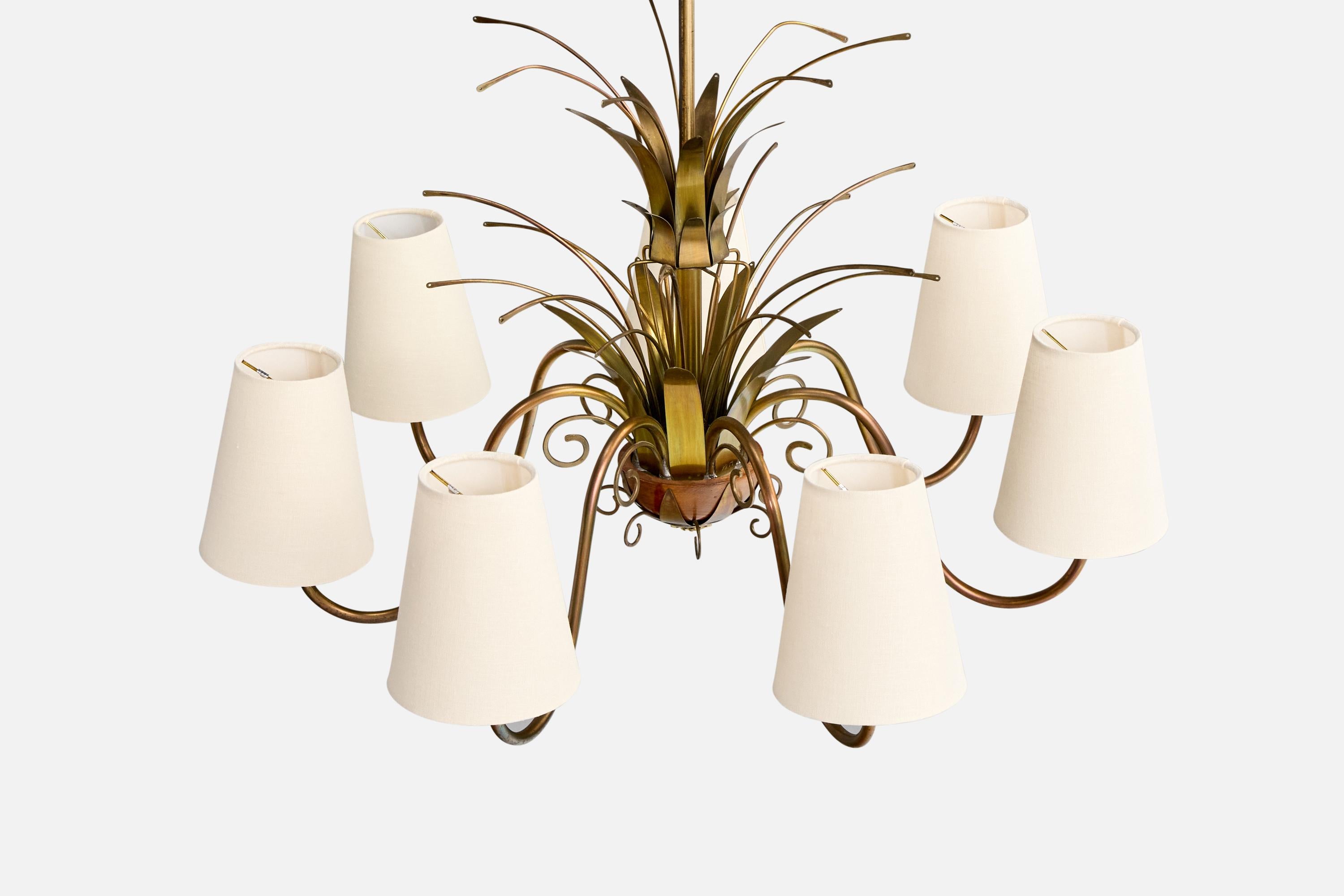 Suédois Designer suédois, lustre, laiton, bois, tissu, Suède, années 1940 en vente