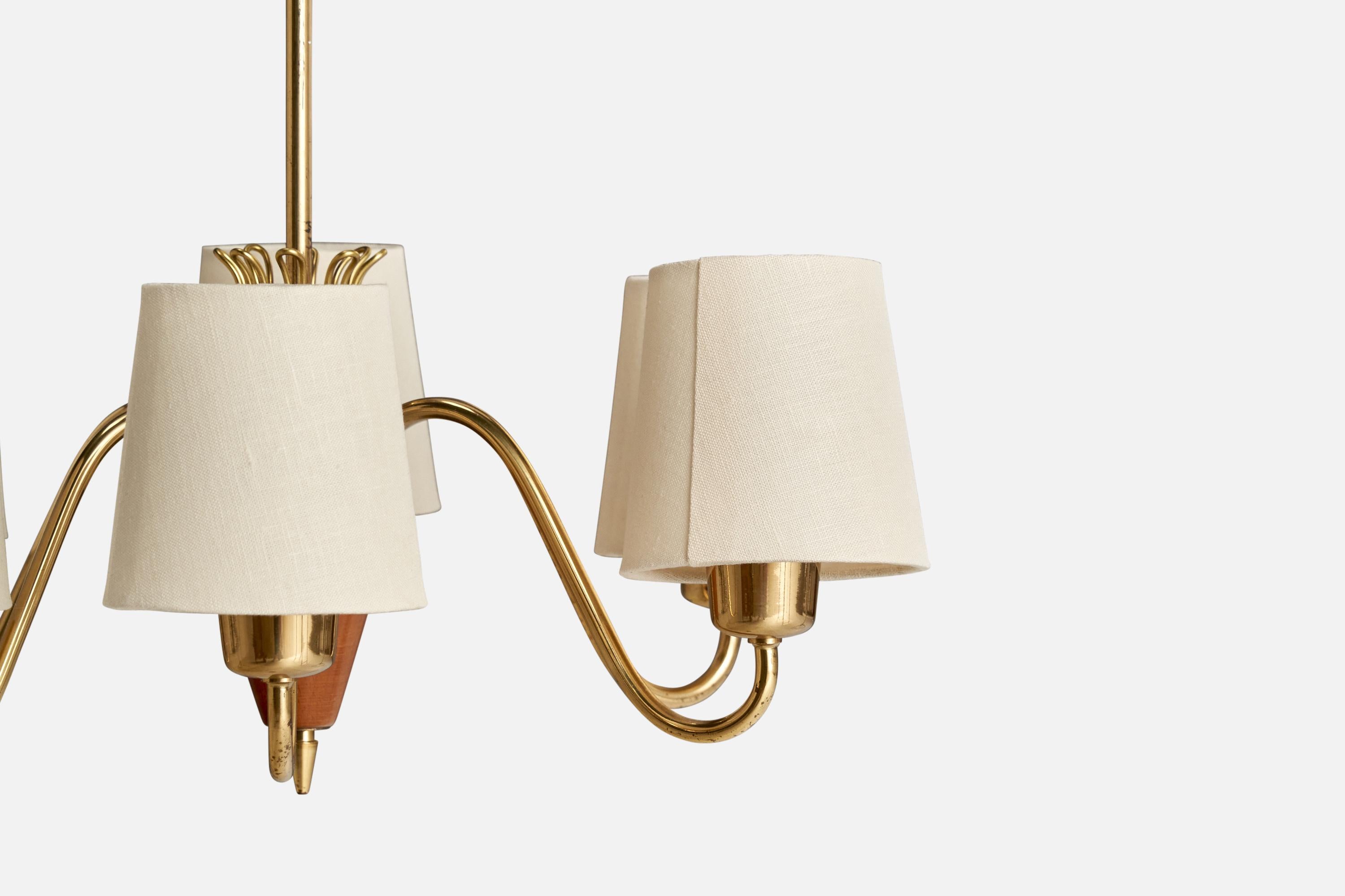 Mid-20th Century Swedish Designer, Chandelier, Brass, Wood, Fabric, Sweden, 1940s For Sale