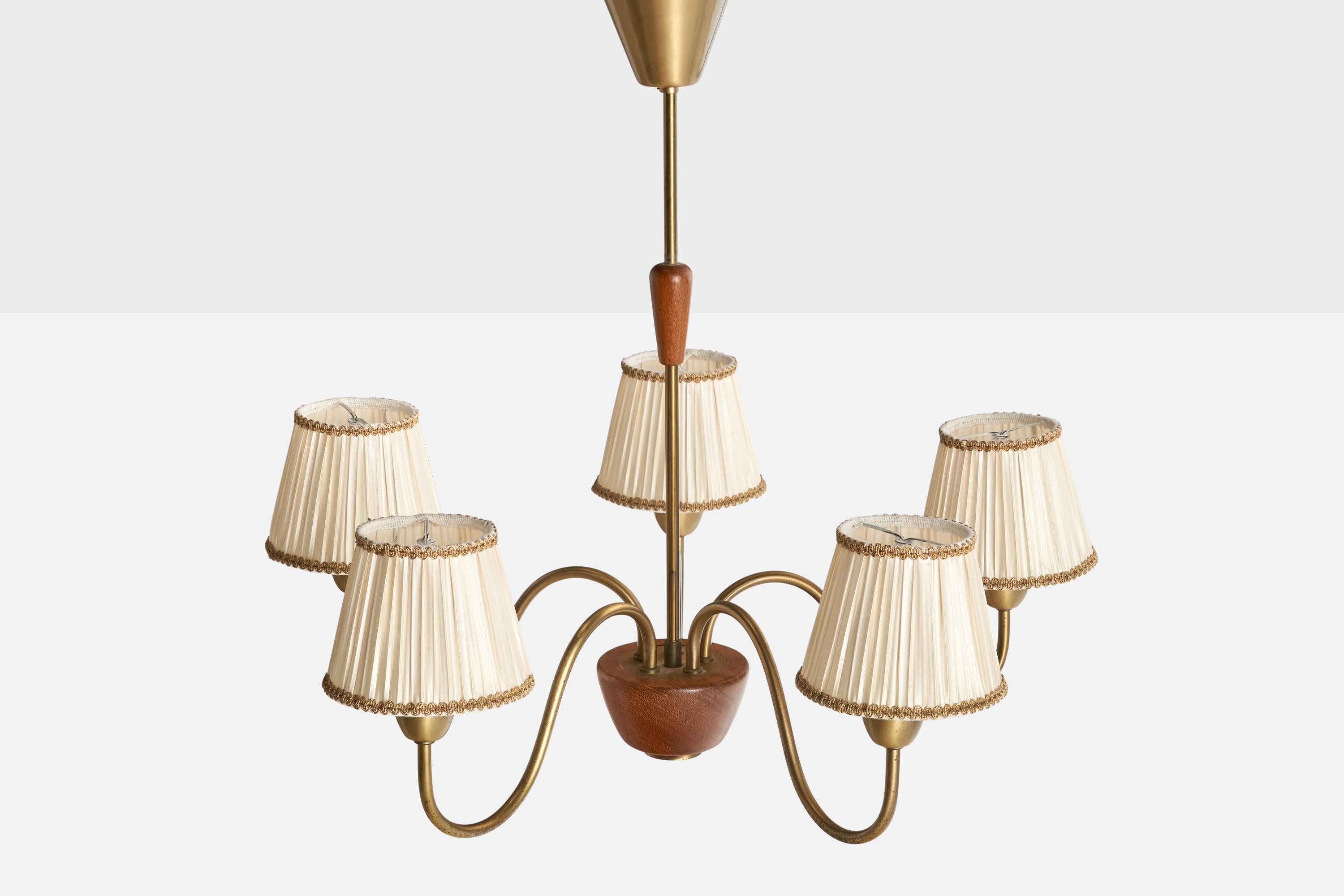 Mid-20th Century Swedish Designer, Chandelier, Brass, Wood, Fabric, Sweden, 1940s For Sale
