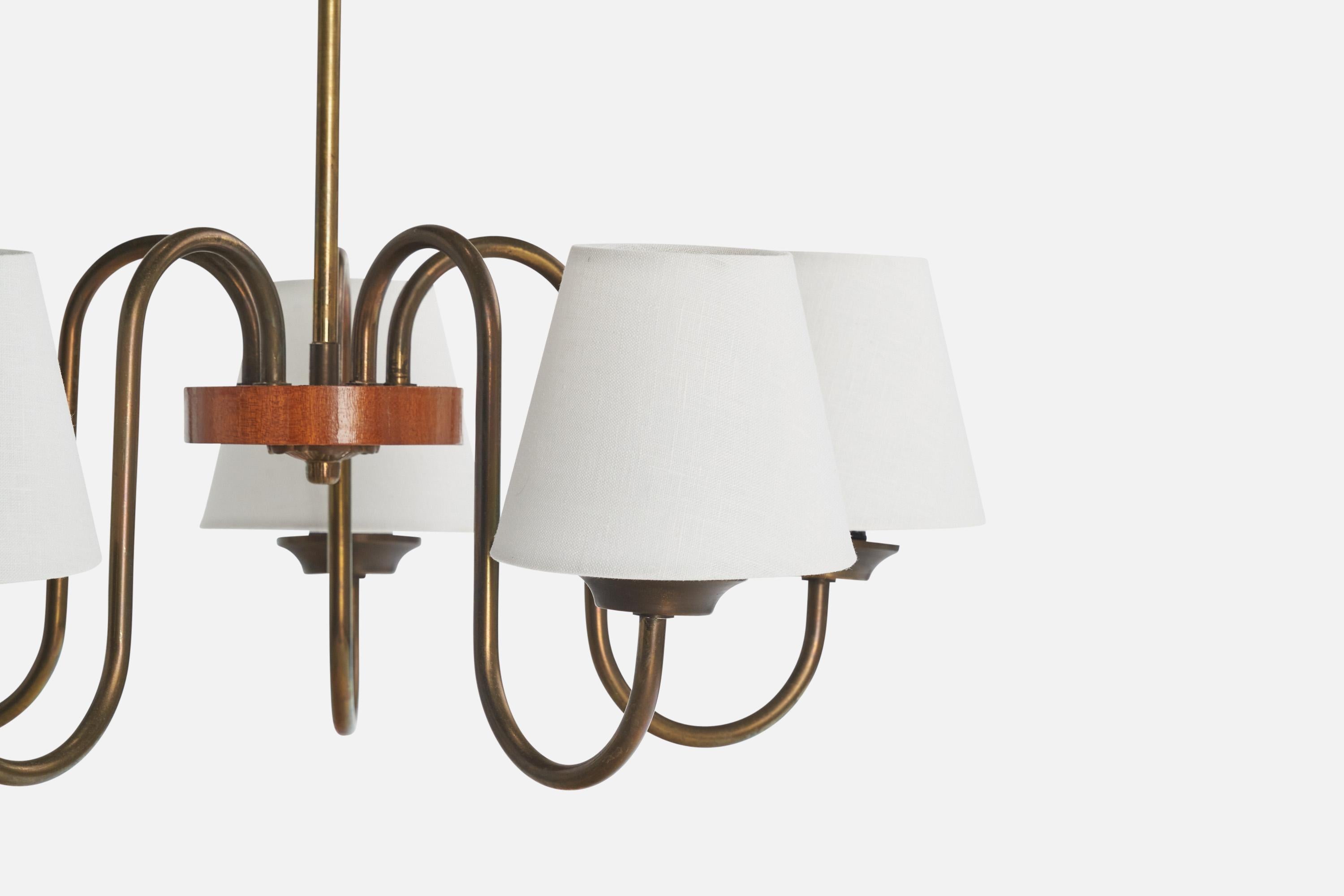 Mid-20th Century Swedish Designer, Chandelier, Brass, Wood, Fabric, Sweden, 1940s For Sale