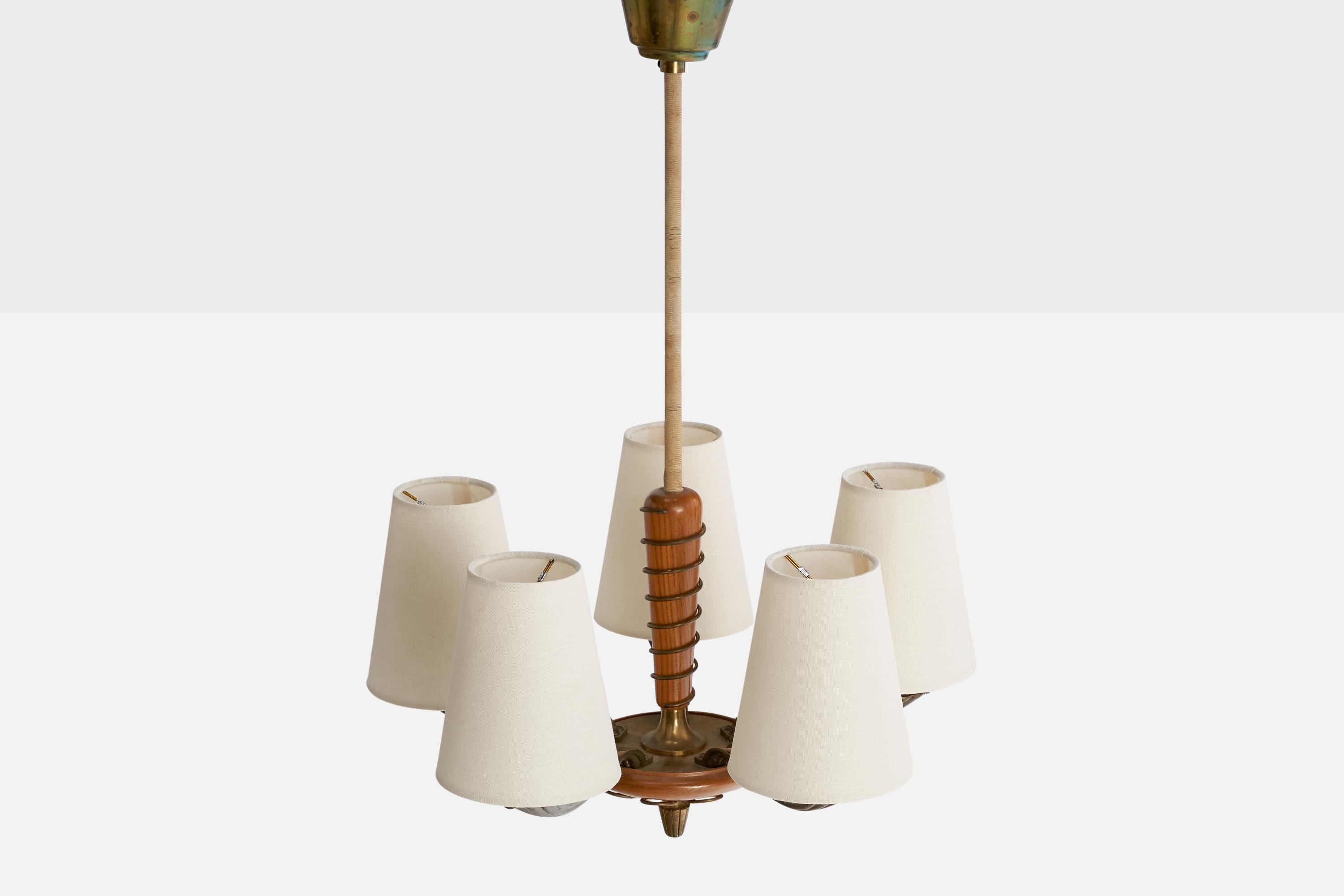Mid-20th Century Swedish Designer, Chandelier, Brass, Wood, Fabric, Sweden, 1940s For Sale