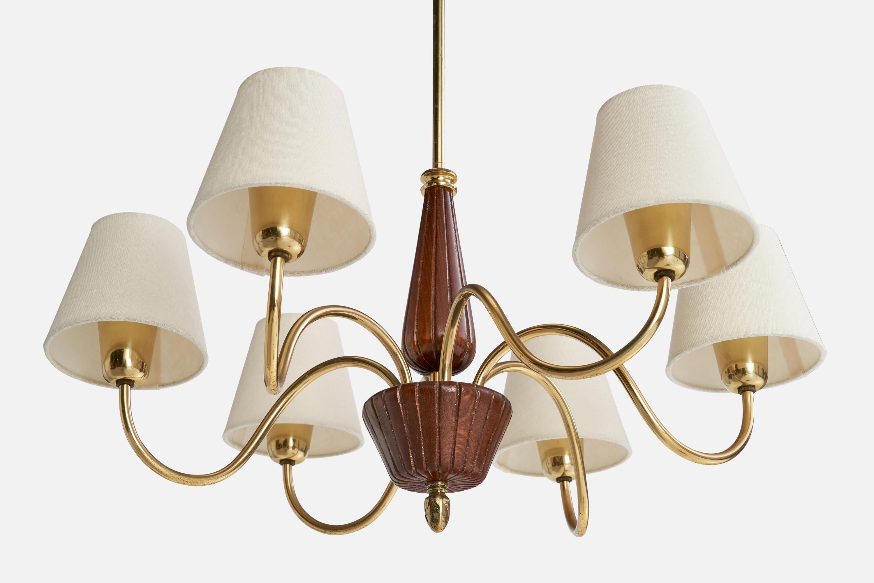 Mid-20th Century Swedish Designer, Chandelier, Brass, Wood, Fabric, Sweden, 1940s For Sale