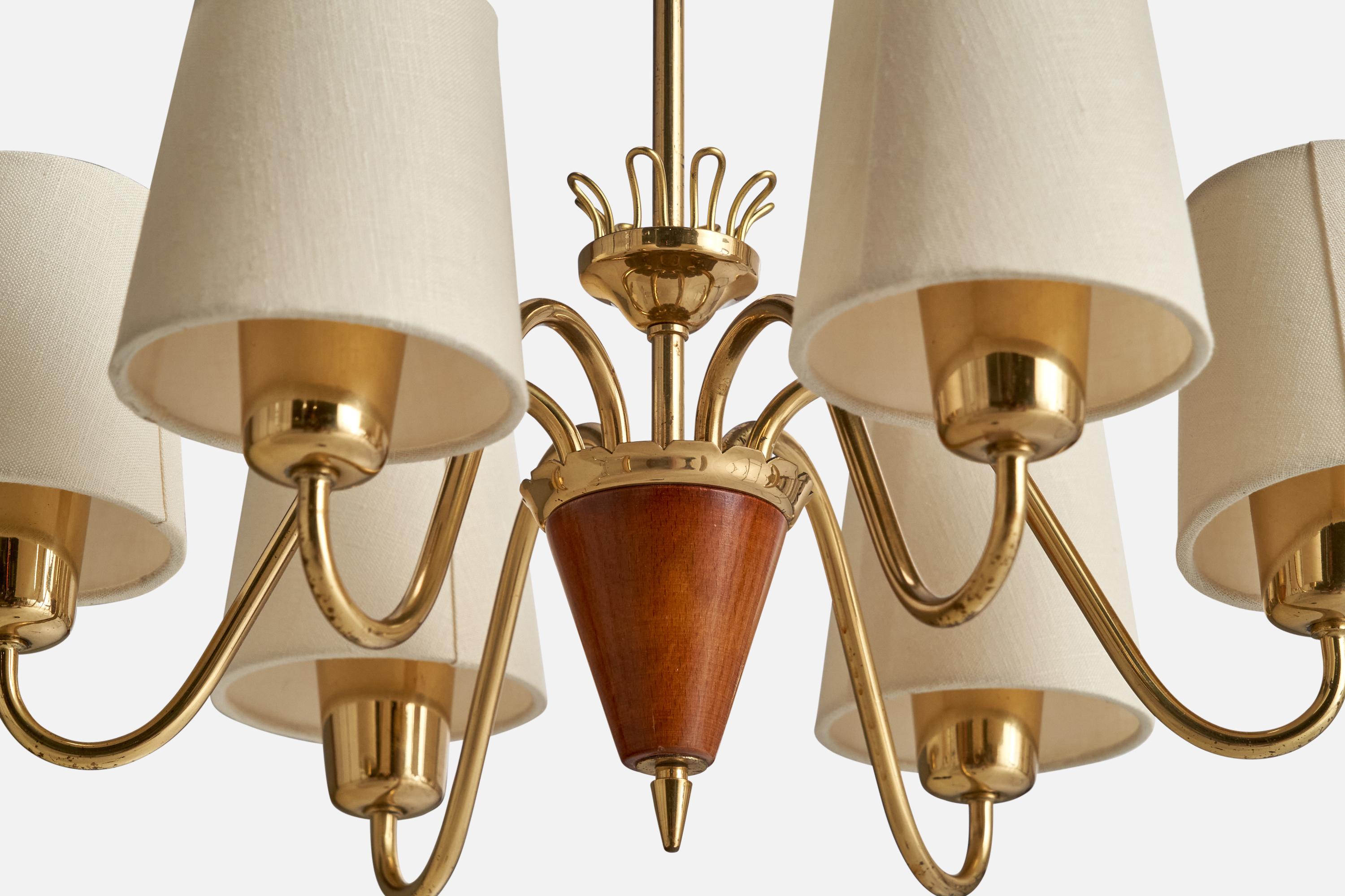 Swedish Designer, Chandelier, Brass, Wood, Fabric, Sweden, 1940s For Sale 1