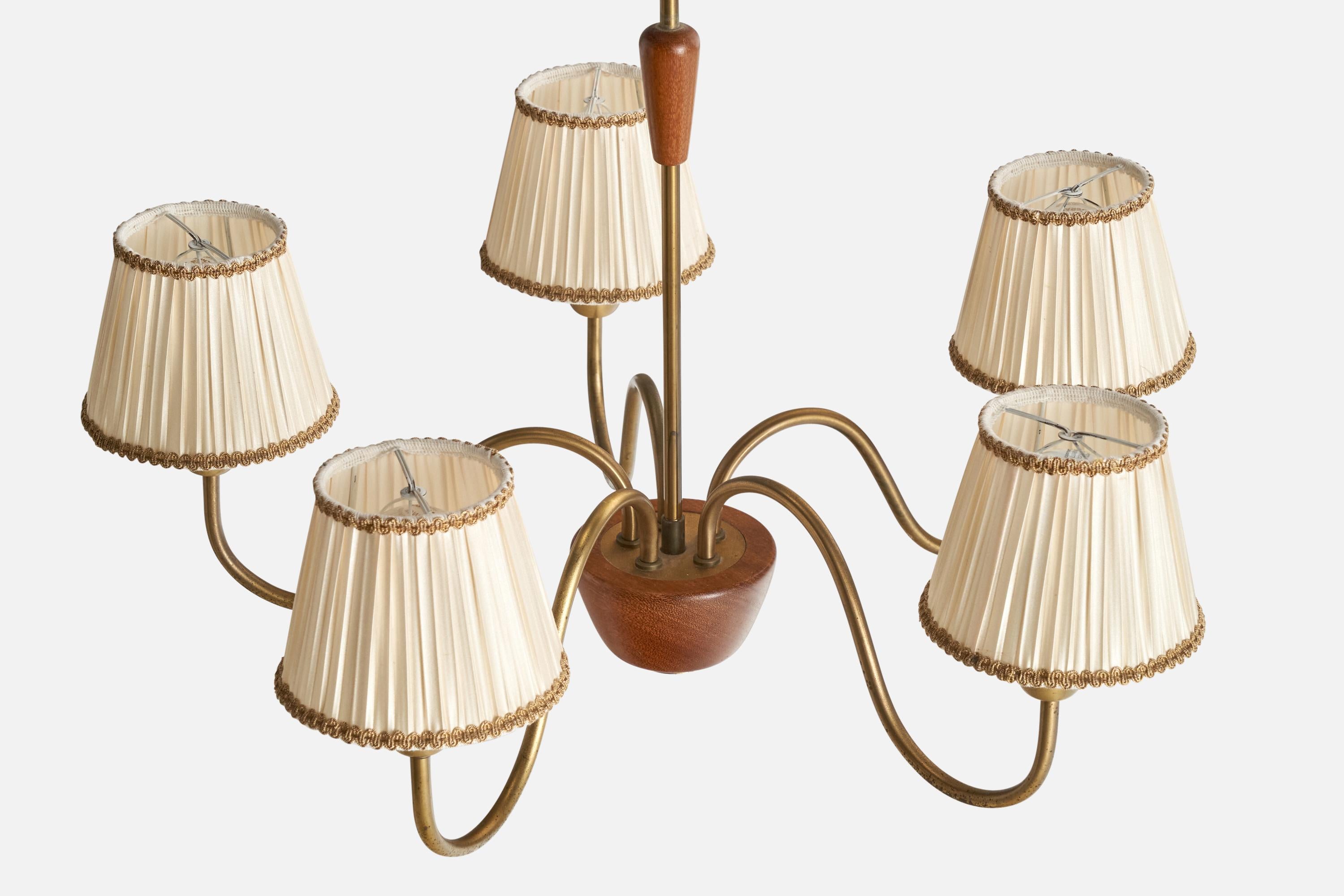 Swedish Designer, Chandelier, Brass, Wood, Fabric, Sweden, 1940s For Sale 1