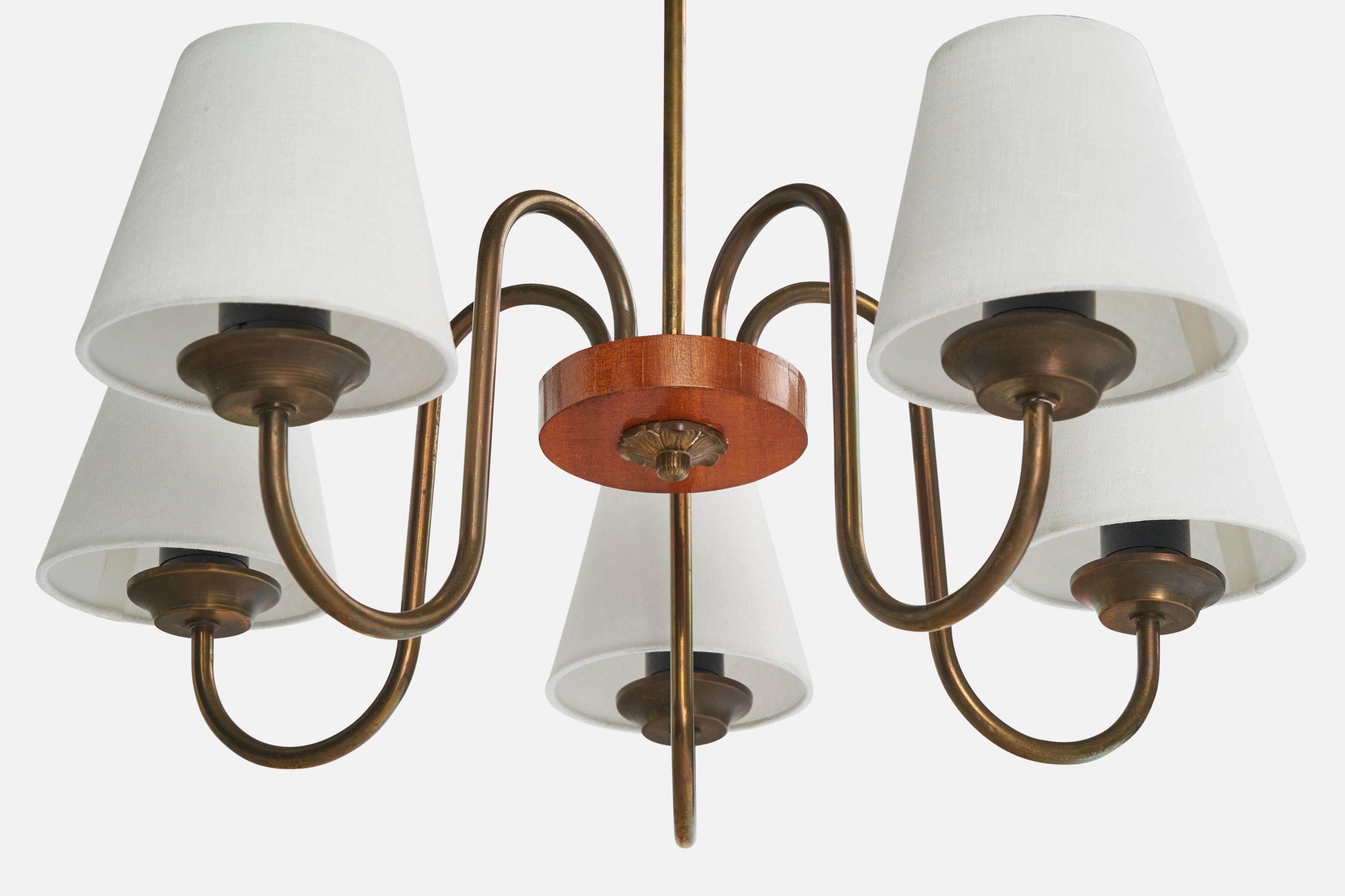 Swedish Designer, Chandelier, Brass, Wood, Fabric, Sweden, 1940s For Sale 1