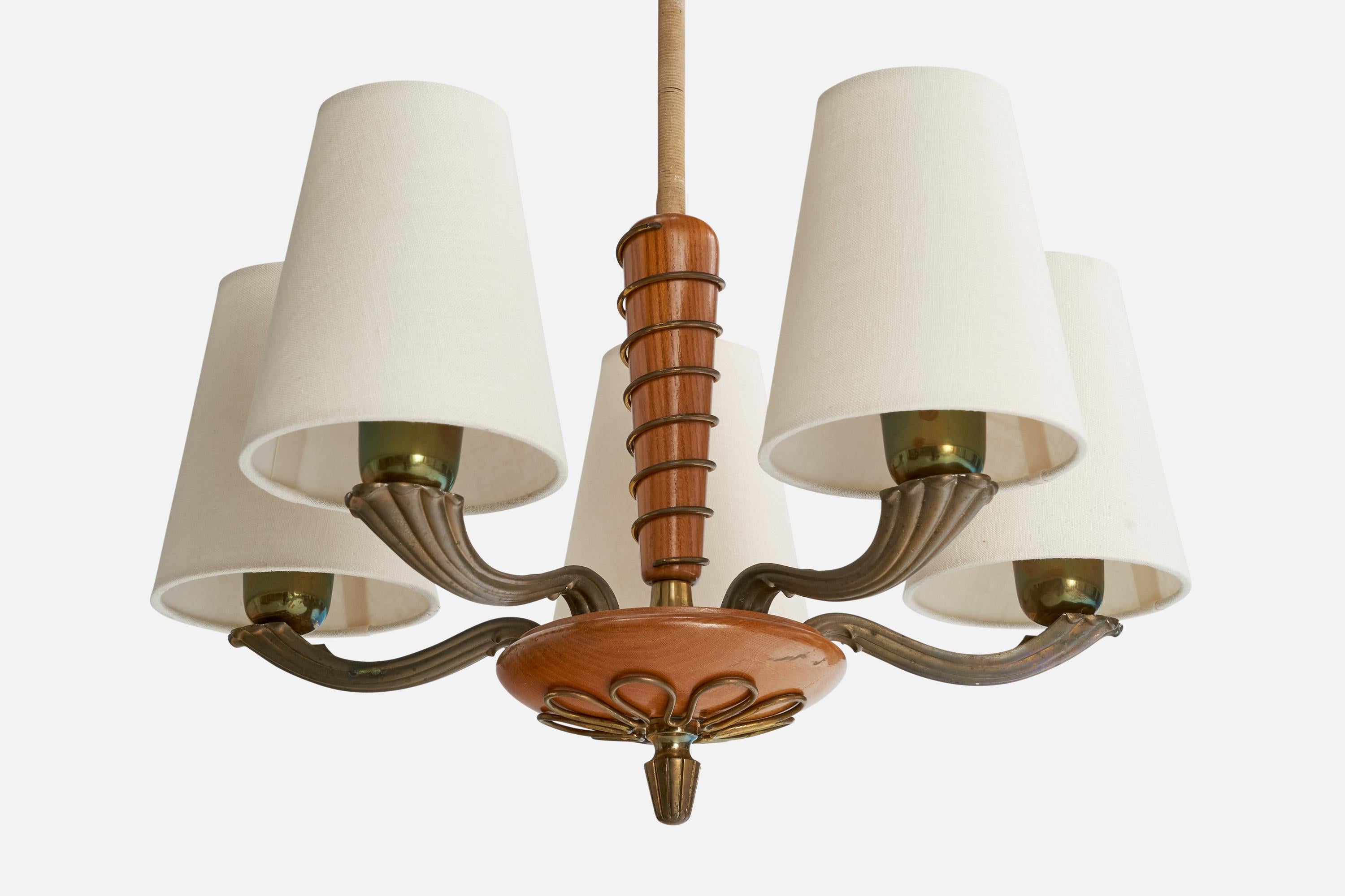 Swedish Designer, Chandelier, Brass, Wood, Fabric, Sweden, 1940s For Sale 1
