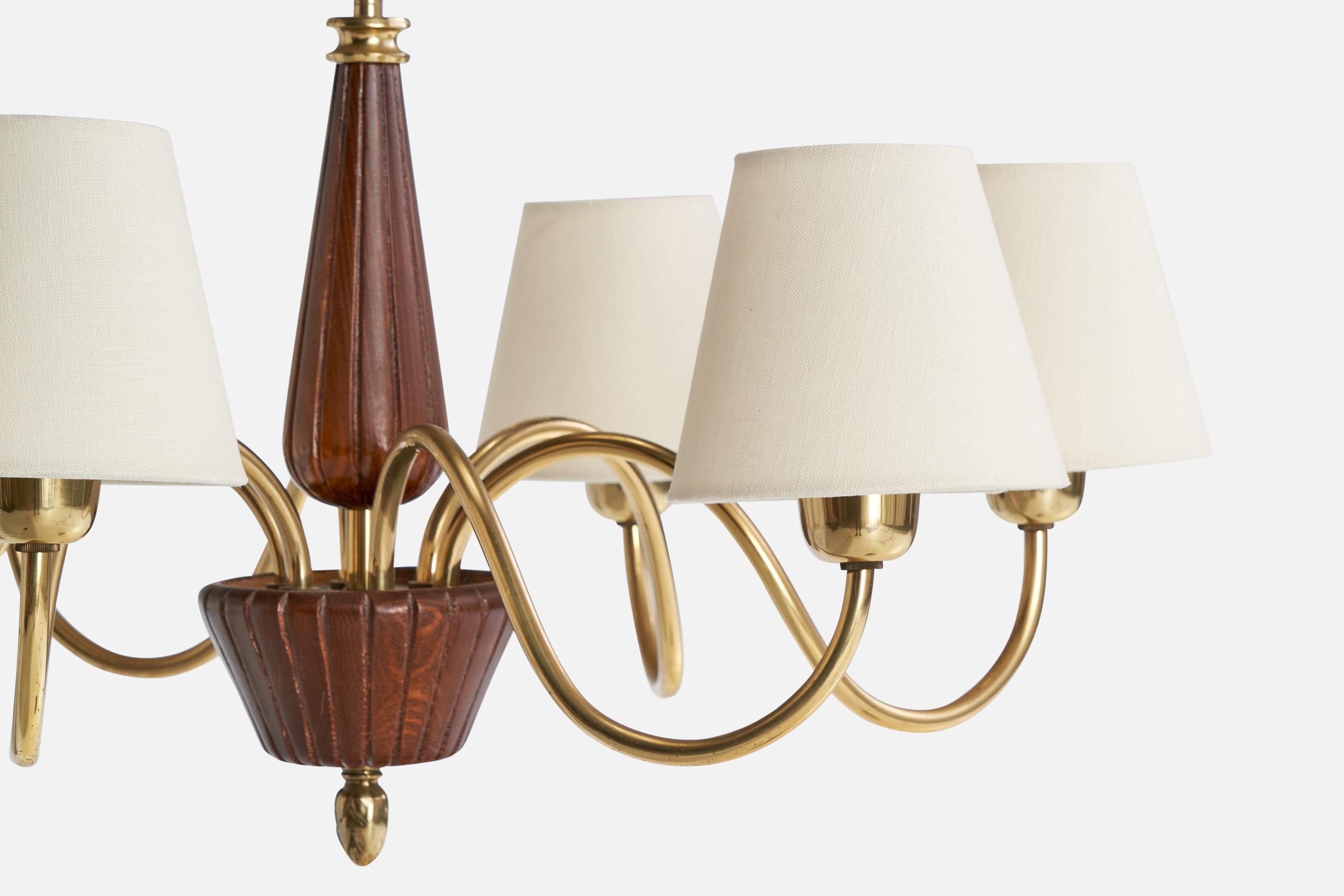 Swedish Designer, Chandelier, Brass, Wood, Fabric, Sweden, 1940s For Sale 1
