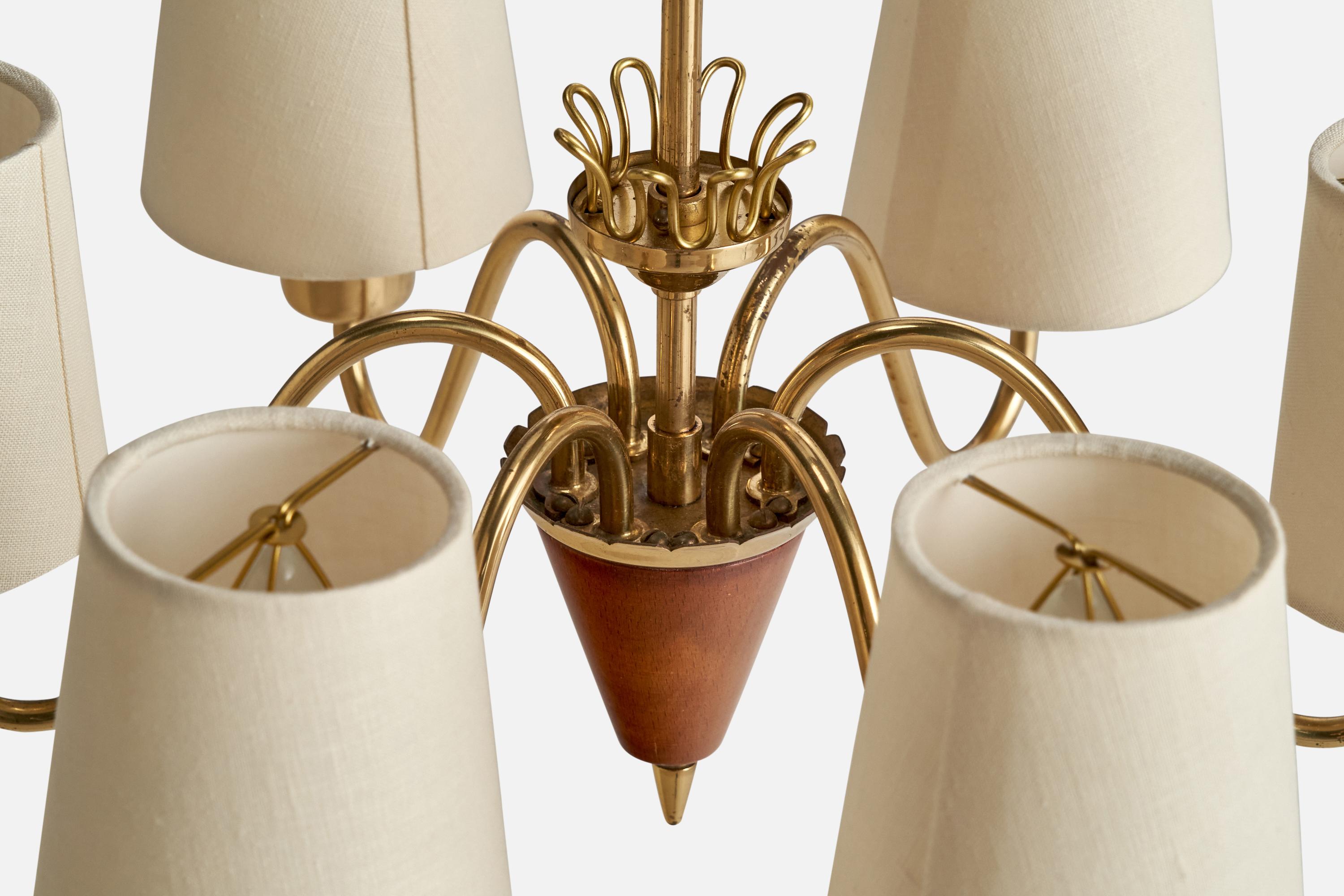Swedish Designer, Chandelier, Brass, Wood, Fabric, Sweden, 1940s For Sale 2