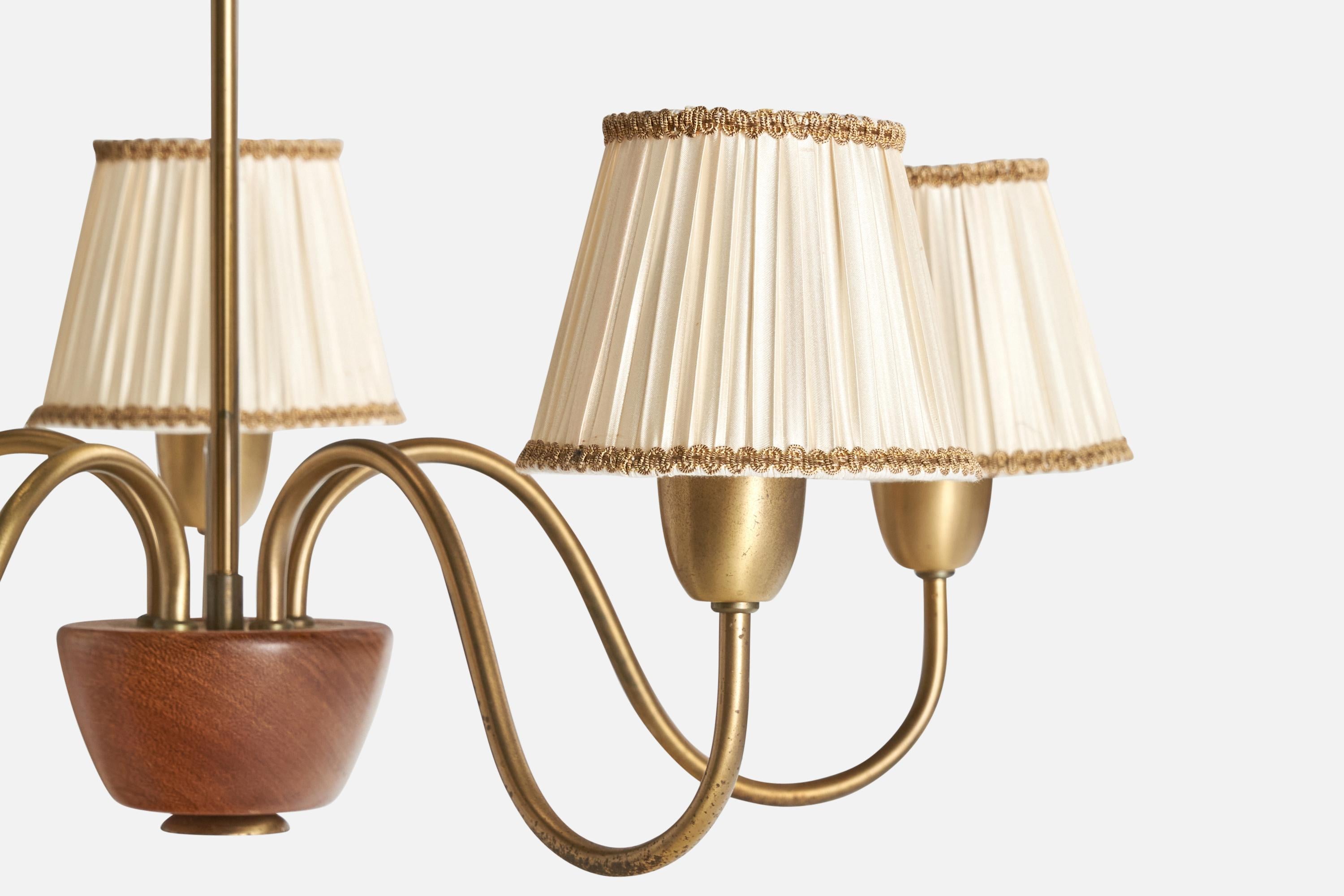 Swedish Designer, Chandelier, Brass, Wood, Fabric, Sweden, 1940s For Sale 2
