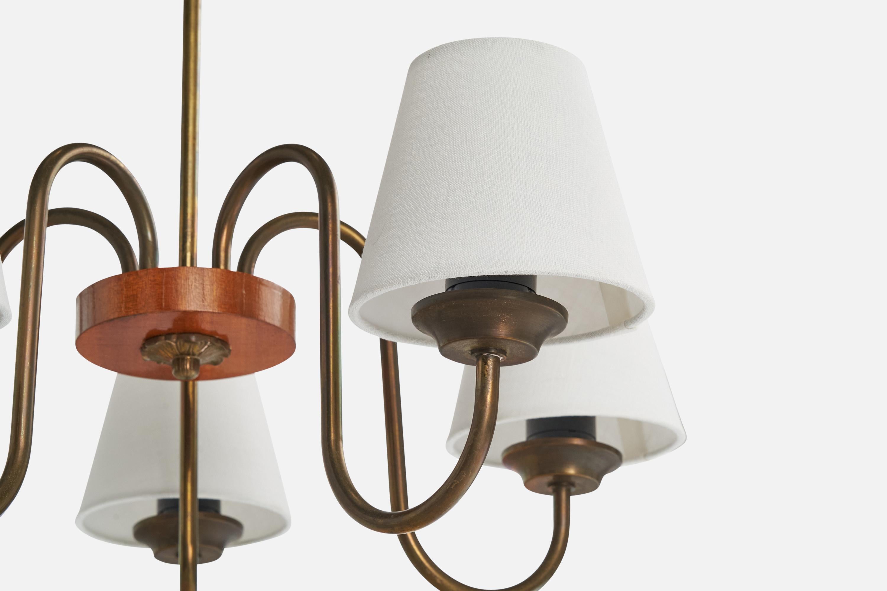 Swedish Designer, Chandelier, Brass, Wood, Fabric, Sweden, 1940s For Sale 2