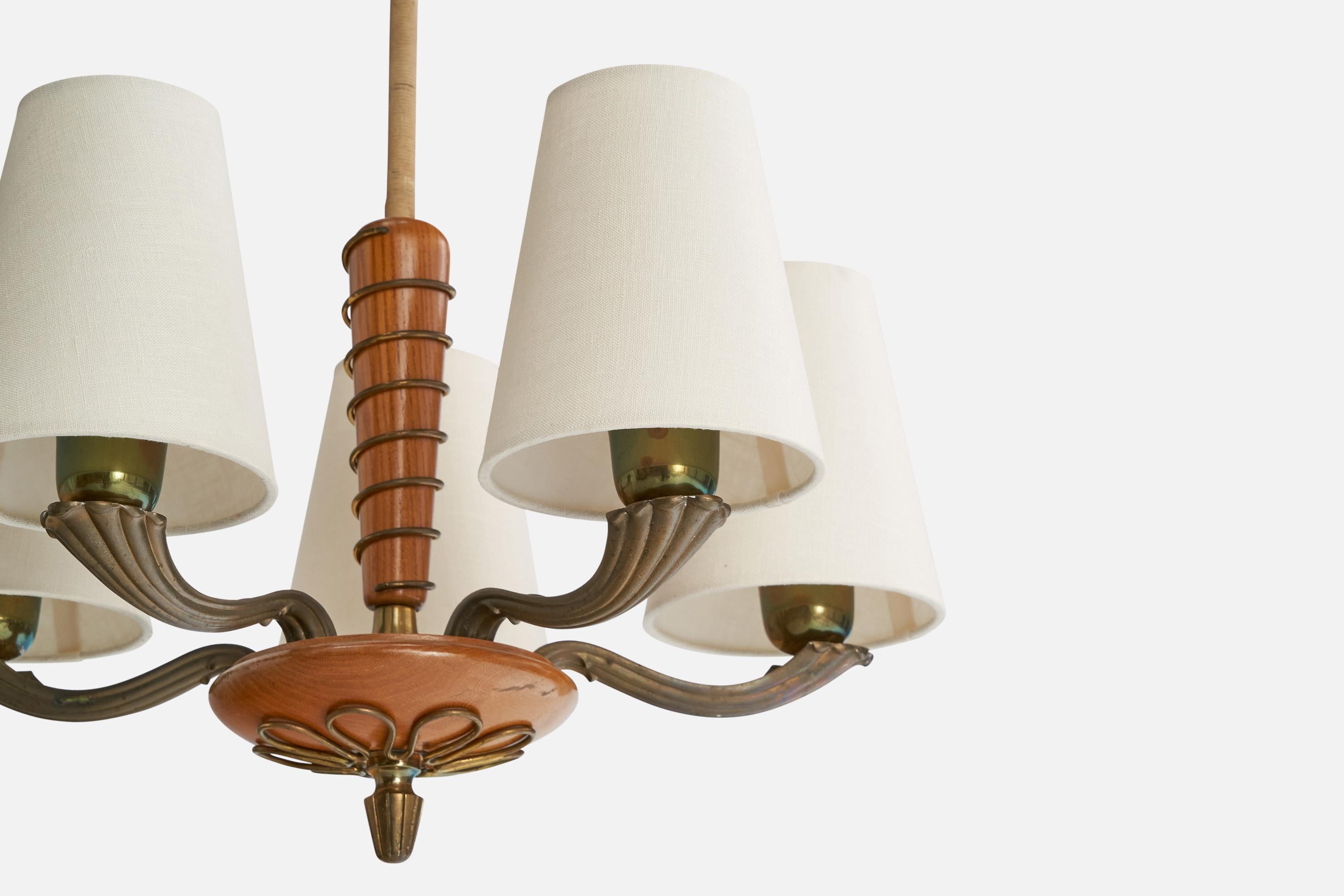 Swedish Designer, Chandelier, Brass, Wood, Fabric, Sweden, 1940s For Sale 2
