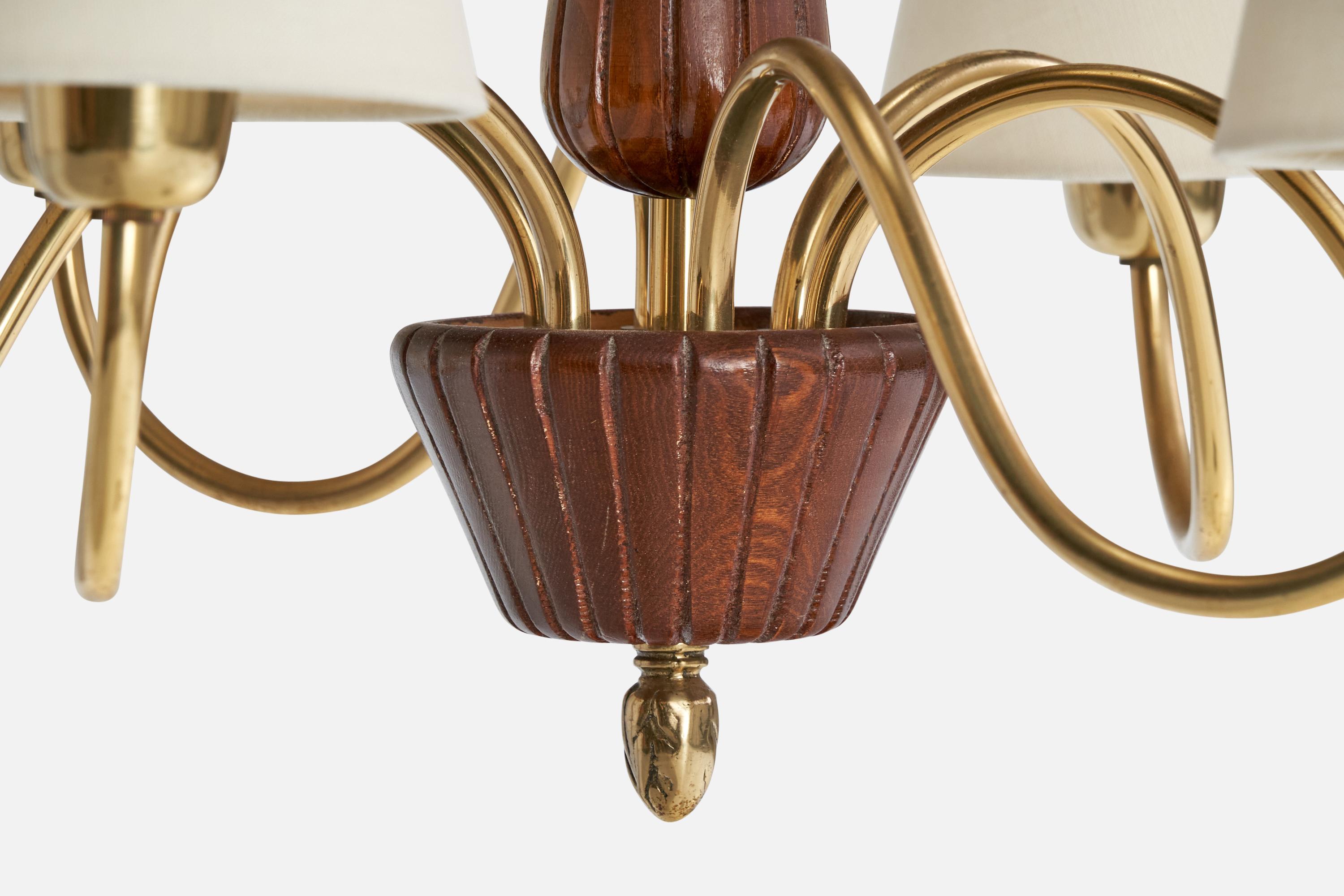 Swedish Designer, Chandelier, Brass, Wood, Fabric, Sweden, 1940s For Sale 2