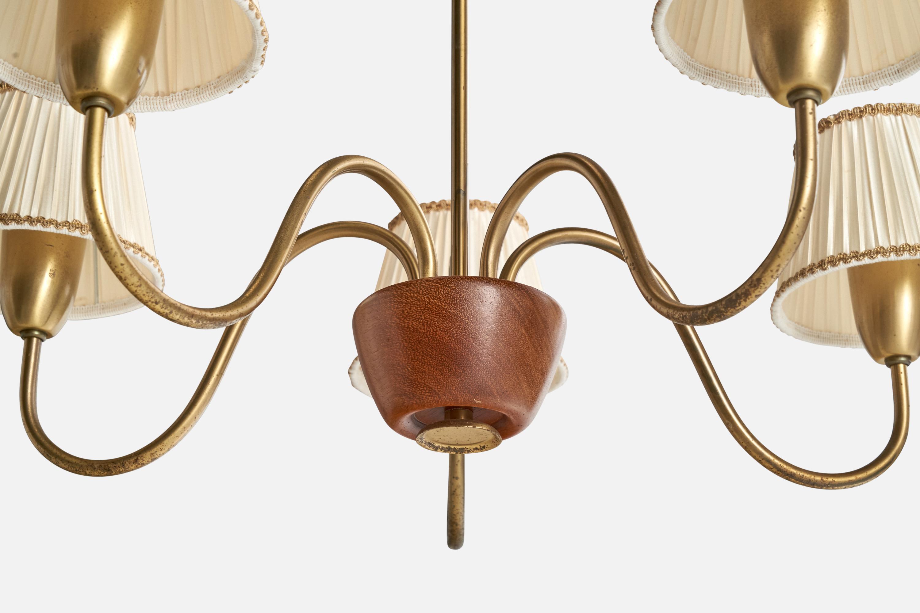 Swedish Designer, Chandelier, Brass, Wood, Fabric, Sweden, 1940s For Sale 3