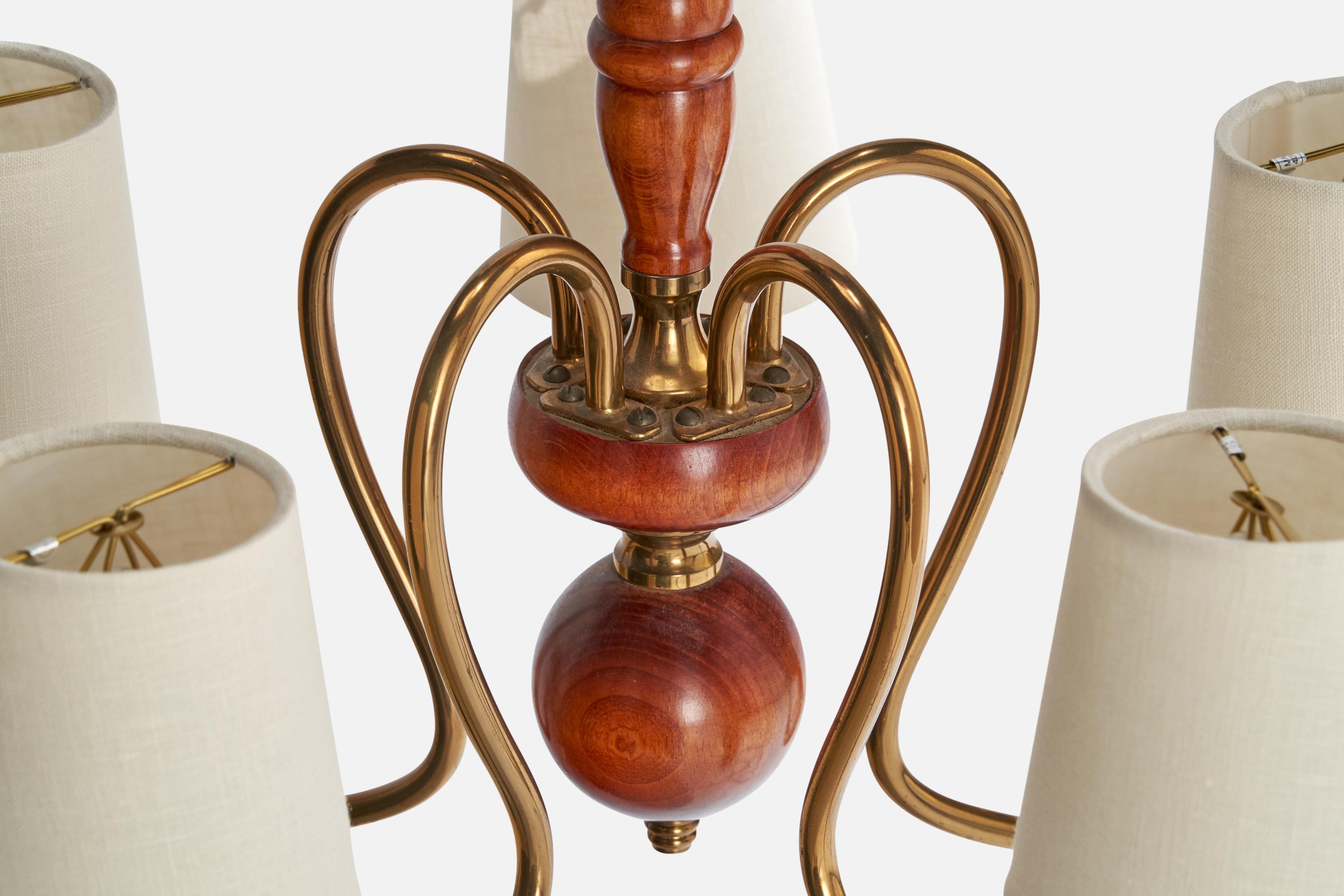 Designer suédois, lustre, laiton, bois, tissu, Suède, années 1940 en vente 1