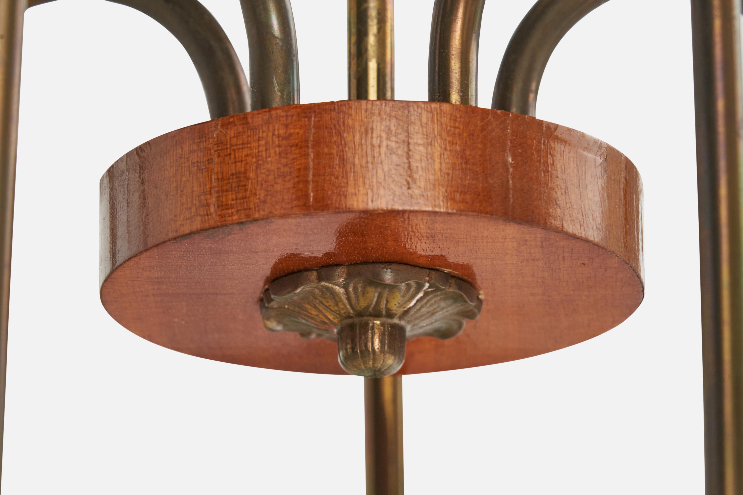 Swedish Designer, Chandelier, Brass, Wood, Fabric, Sweden, 1940s For Sale 3