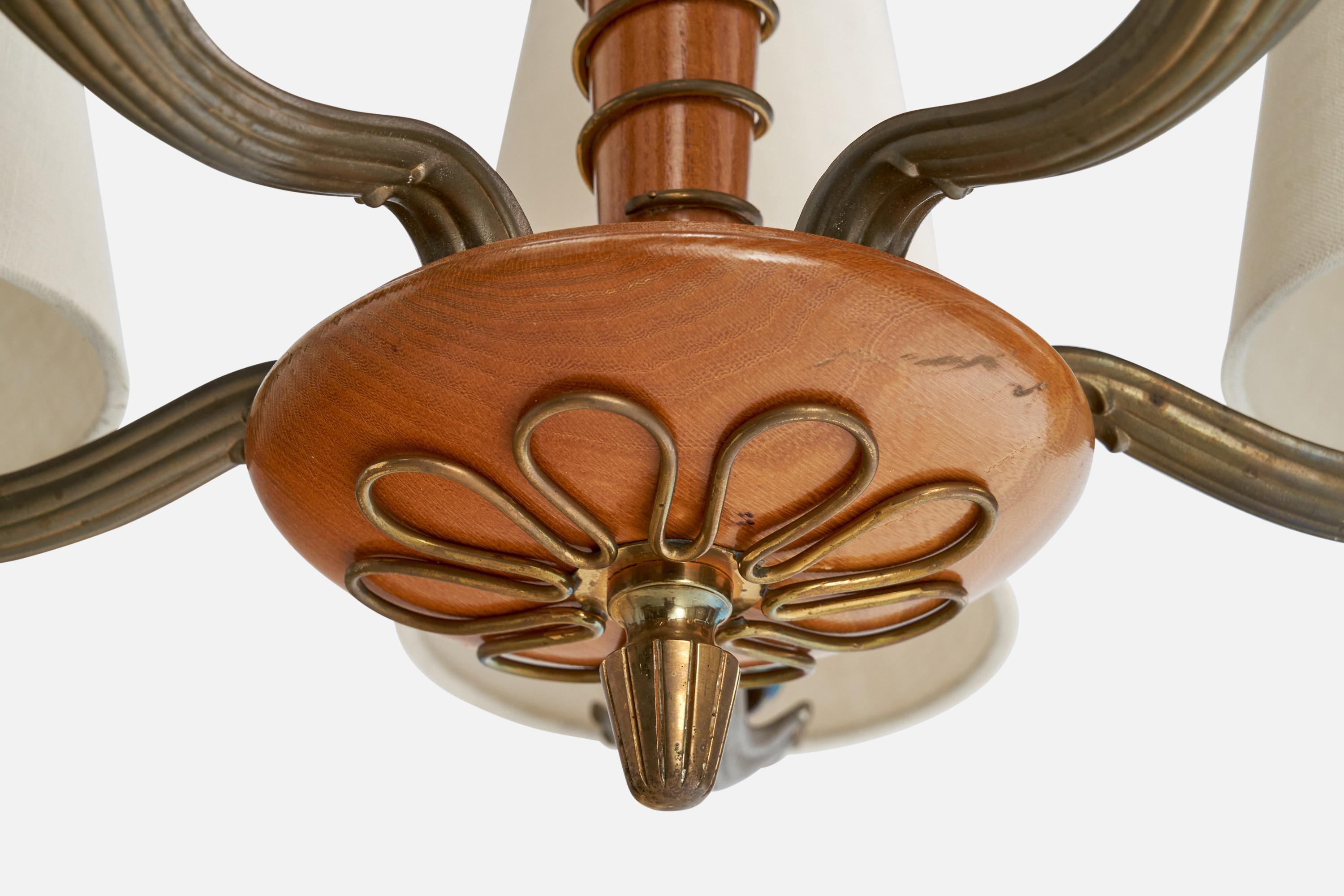 Swedish Designer, Chandelier, Brass, Wood, Fabric, Sweden, 1940s For Sale 3