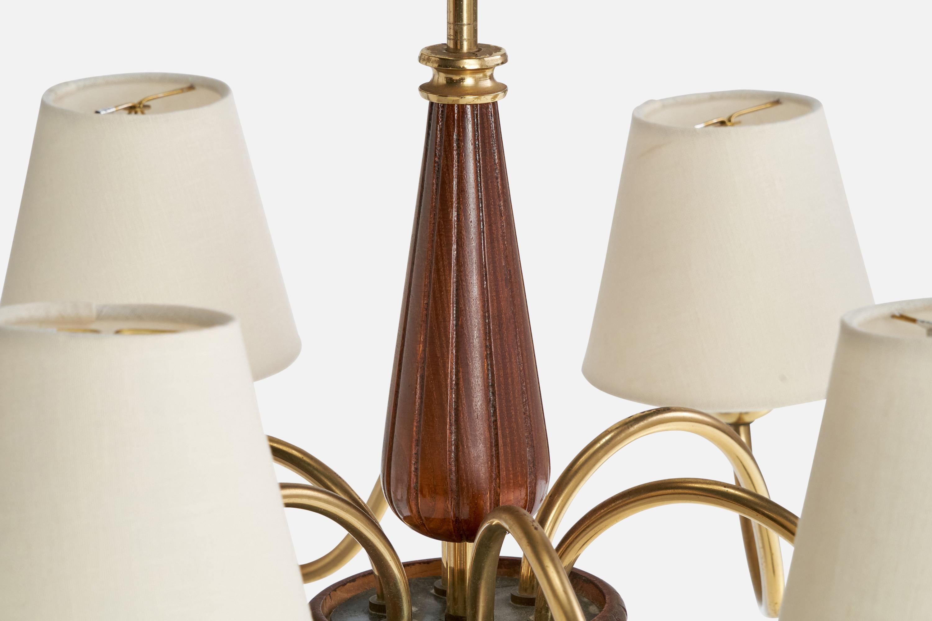 Swedish Designer, Chandelier, Brass, Wood, Fabric, Sweden, 1940s For Sale 3