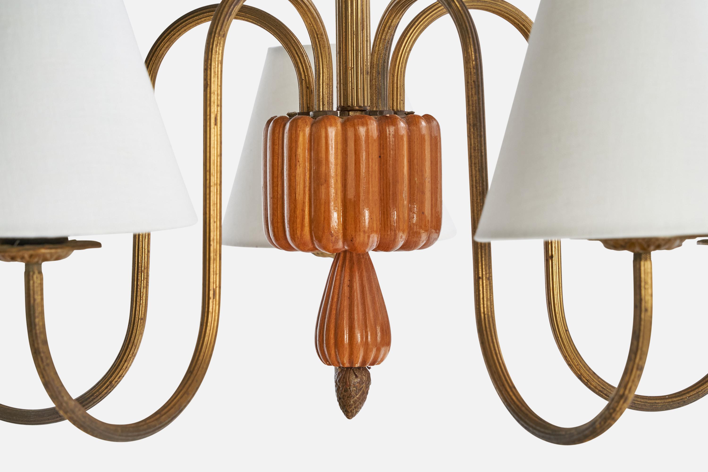 Designer suédois, lustre, laiton, bois, tissu, Suède, années 1940 en vente 1