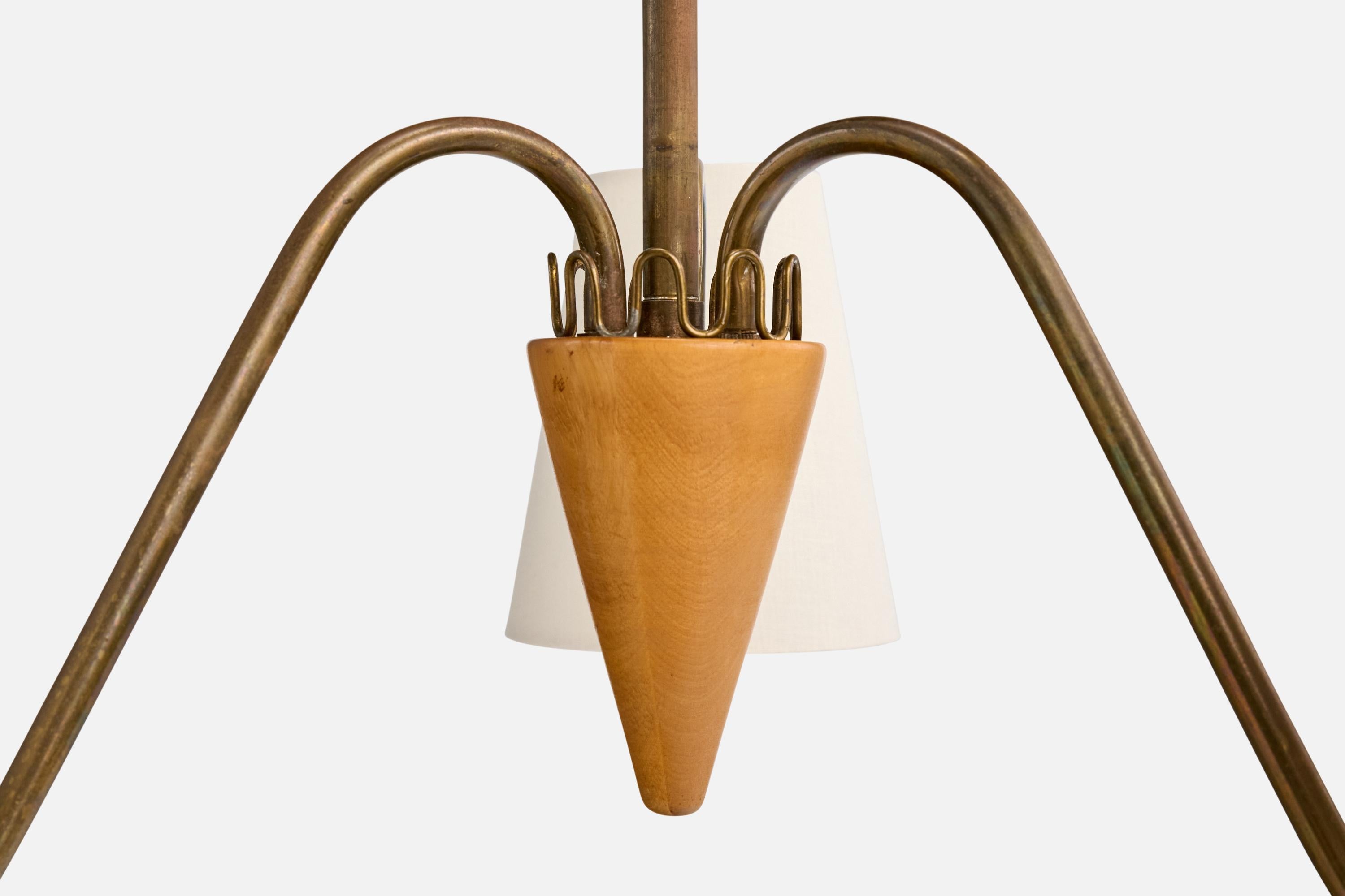 Designer suédois, lustre, laiton, bois, tissu, Suède, années 1940 en vente 1