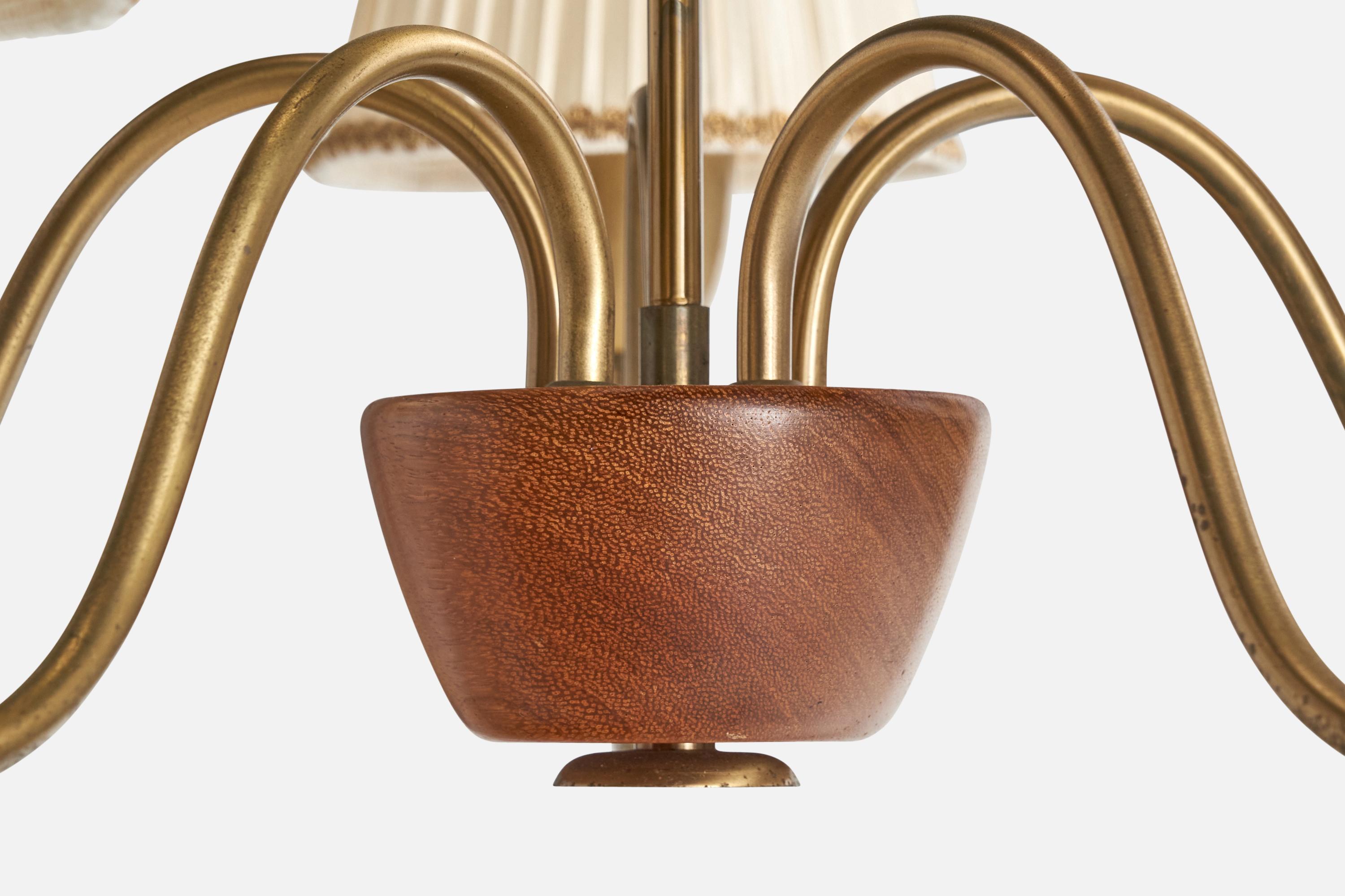 Swedish Designer, Chandelier, Brass, Wood, Fabric, Sweden, 1940s For Sale 4