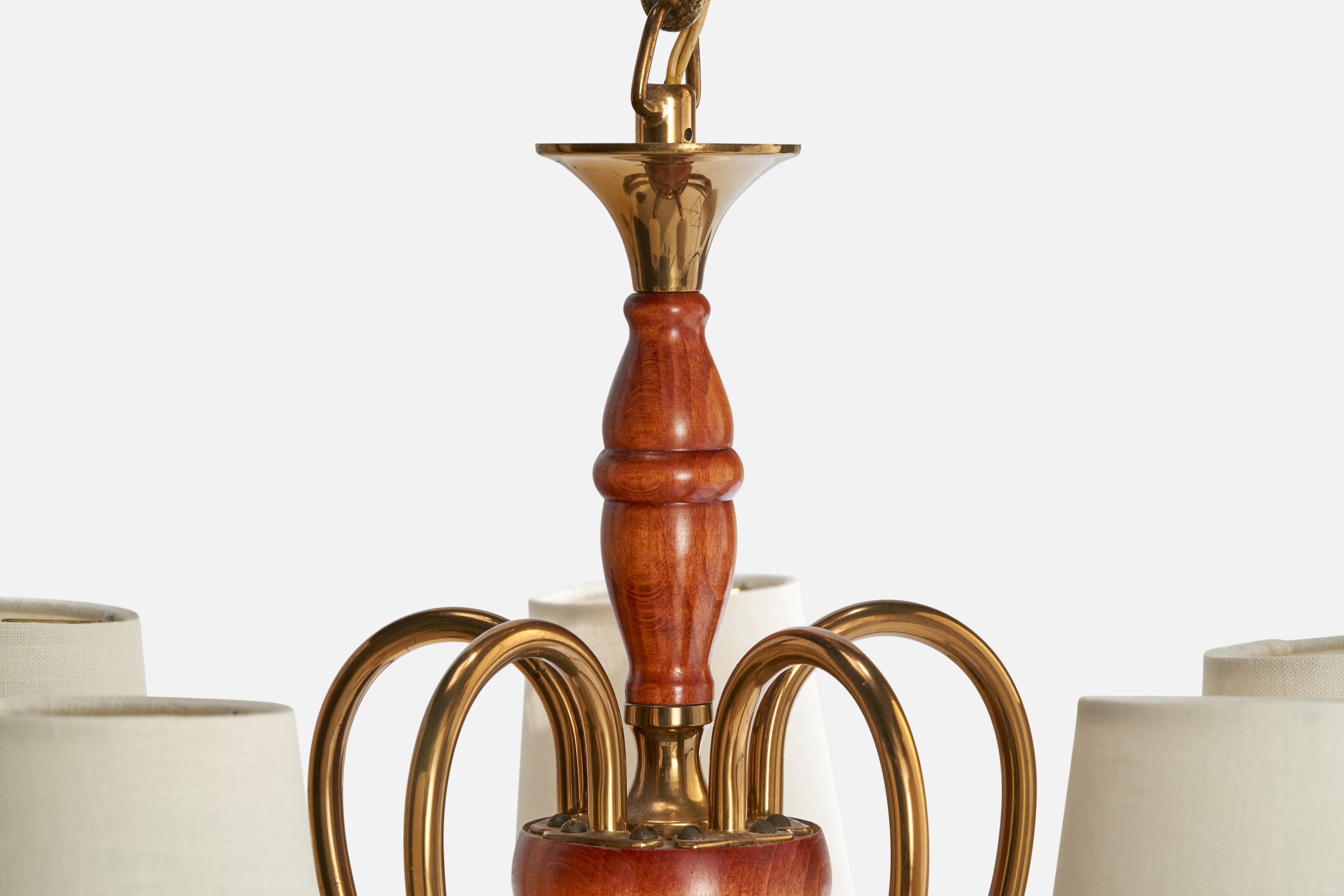 Designer suédois, lustre, laiton, bois, tissu, Suède, années 1940 en vente 2