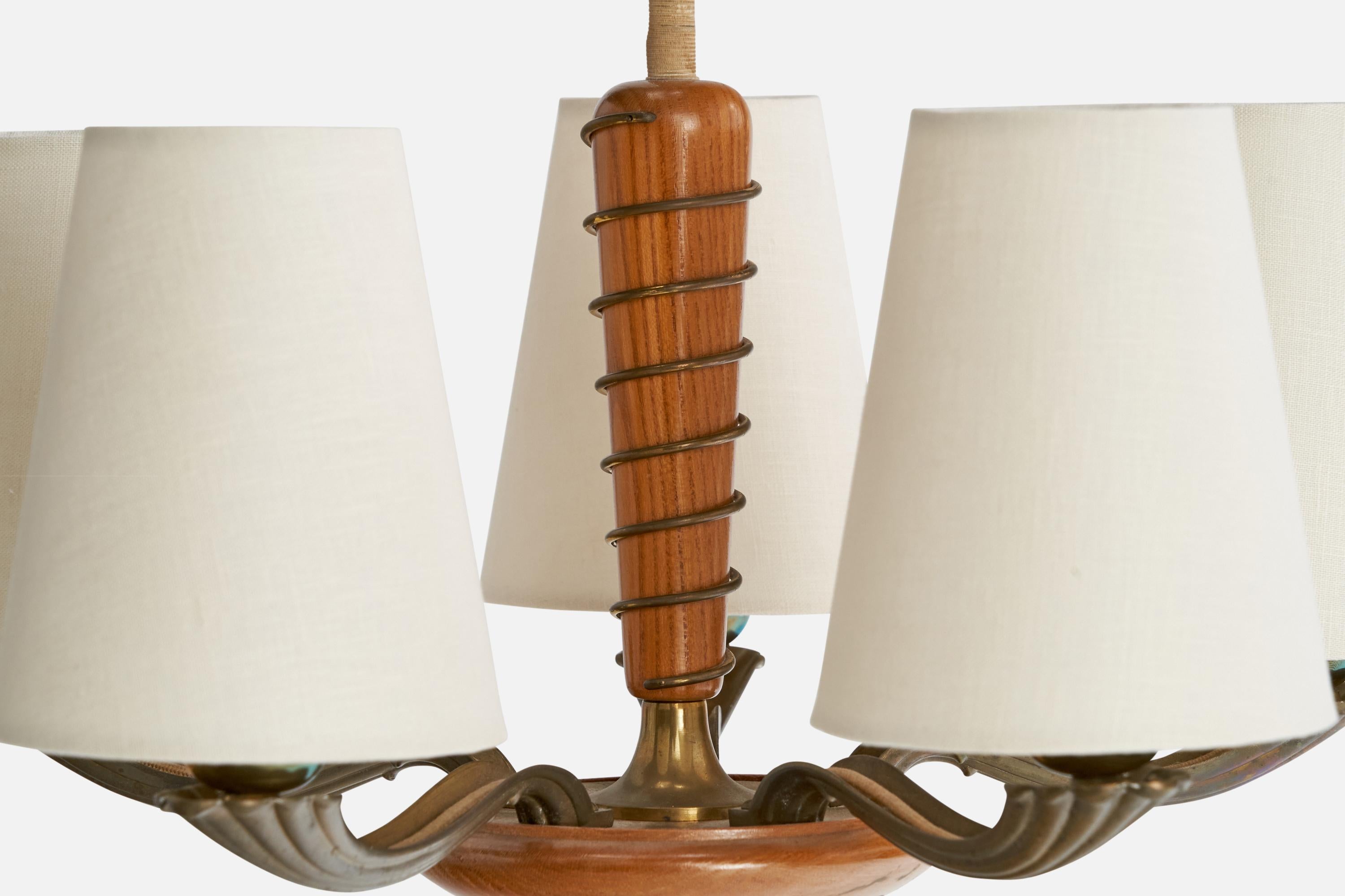 Swedish Designer, Chandelier, Brass, Wood, Fabric, Sweden, 1940s For Sale 4