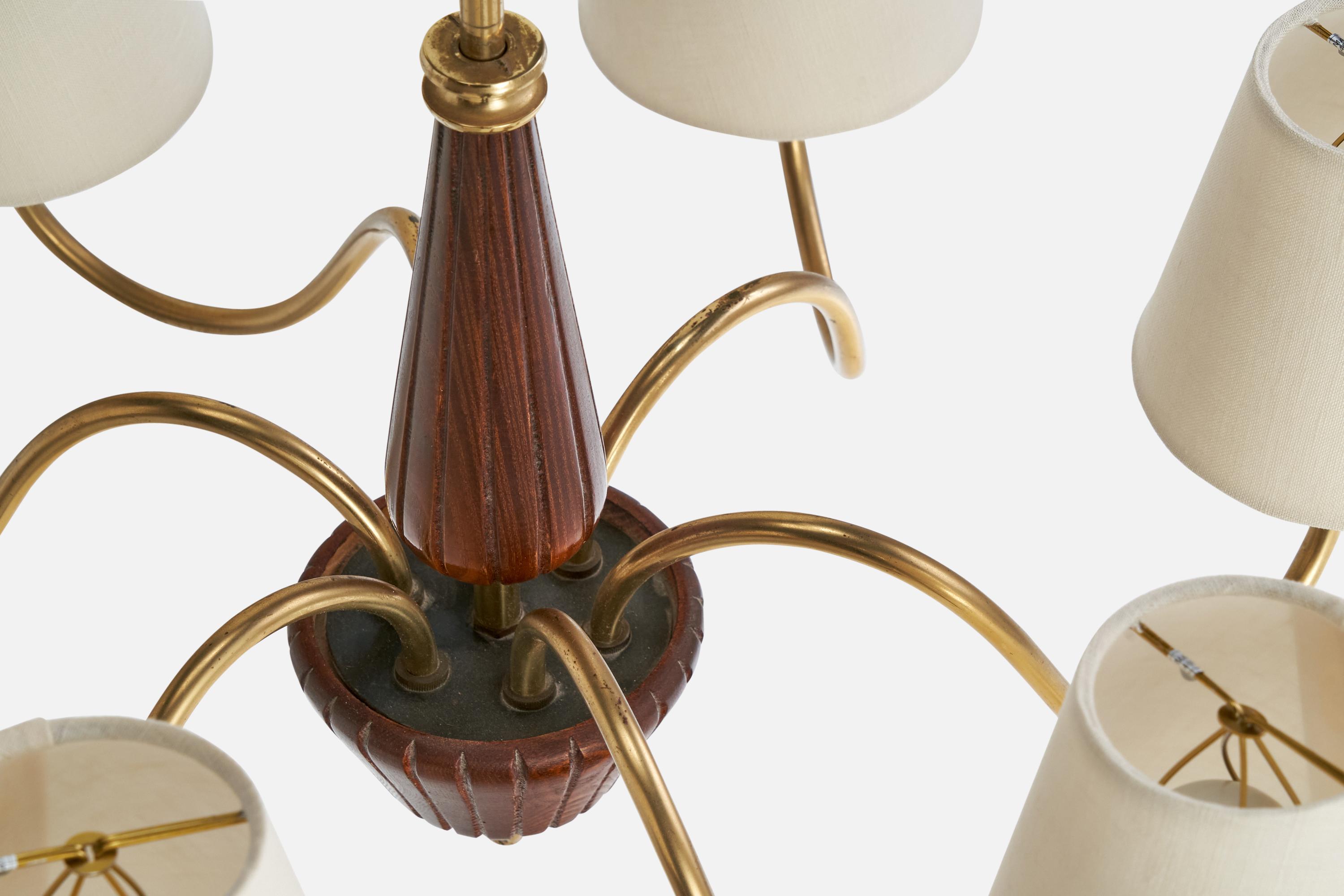 Swedish Designer, Chandelier, Brass, Wood, Fabric, Sweden, 1940s For Sale 4
