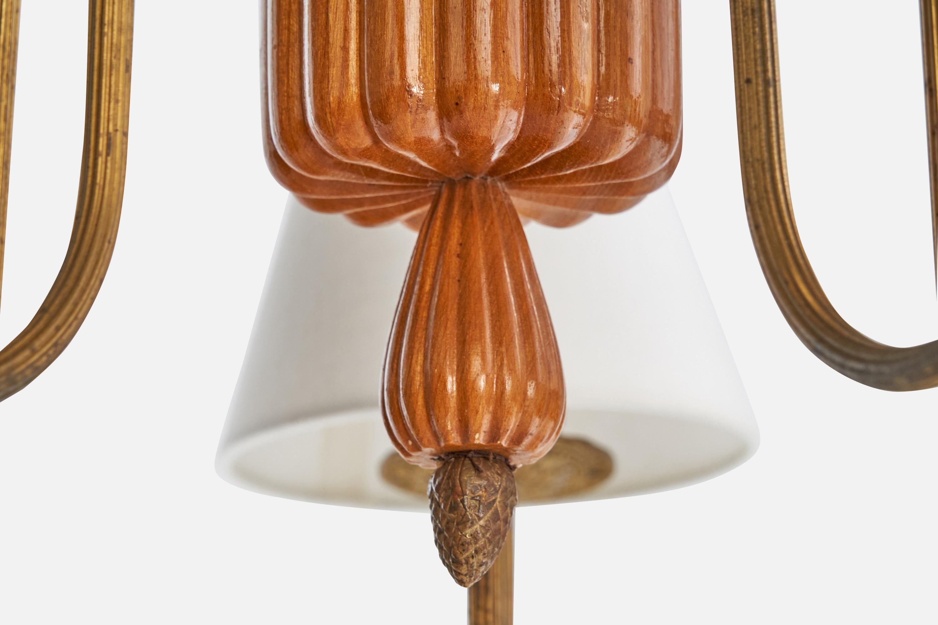 Designer suédois, lustre, laiton, bois, tissu, Suède, années 1940 en vente 2