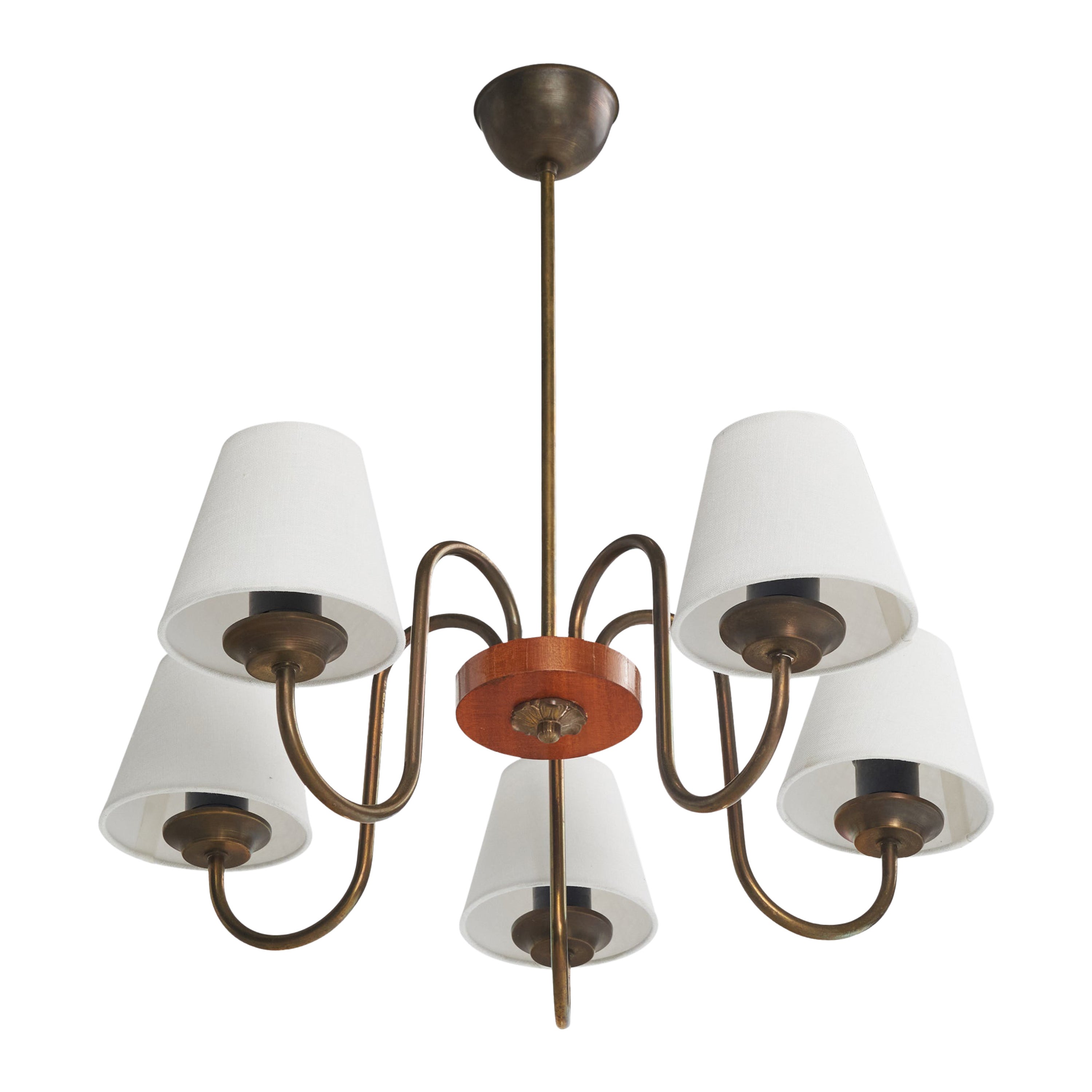 Designer suédois, lustre, laiton, bois, tissu, Suède, années 1940
