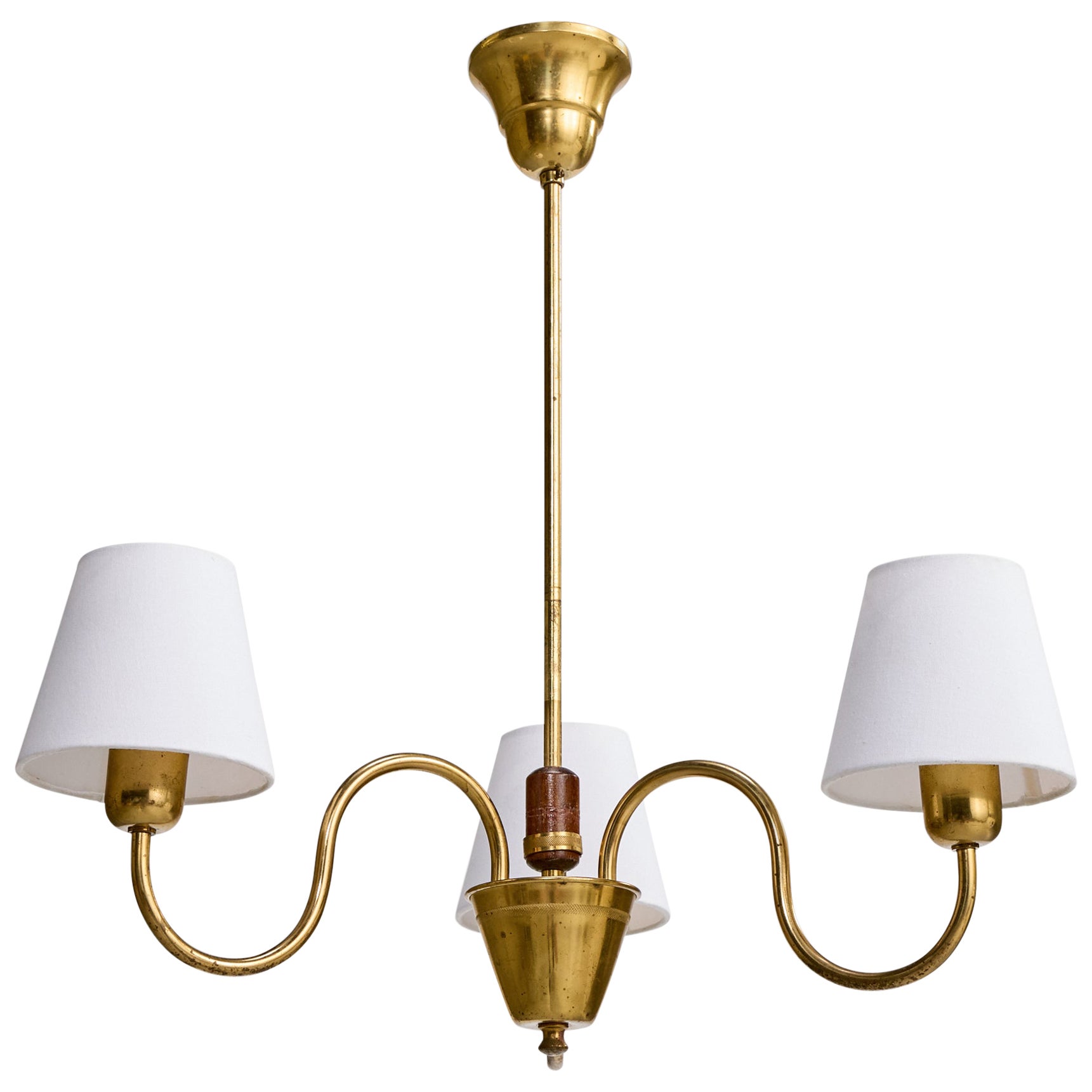 Swedish Designer, Chandelier, Brass, Wood, Fabric, Sweden, 1940s