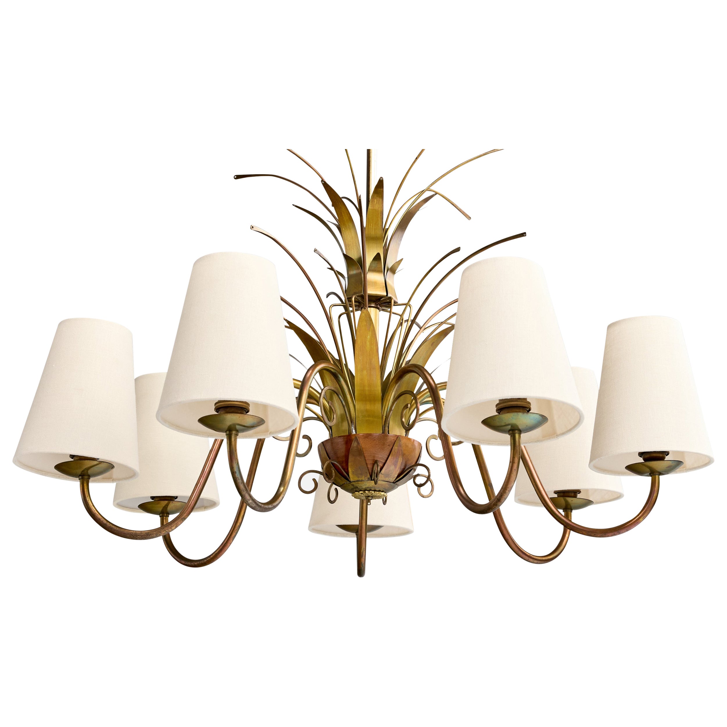 Swedish Designer, Chandelier, Brass, Wood, Fabric, Sweden, 1940s